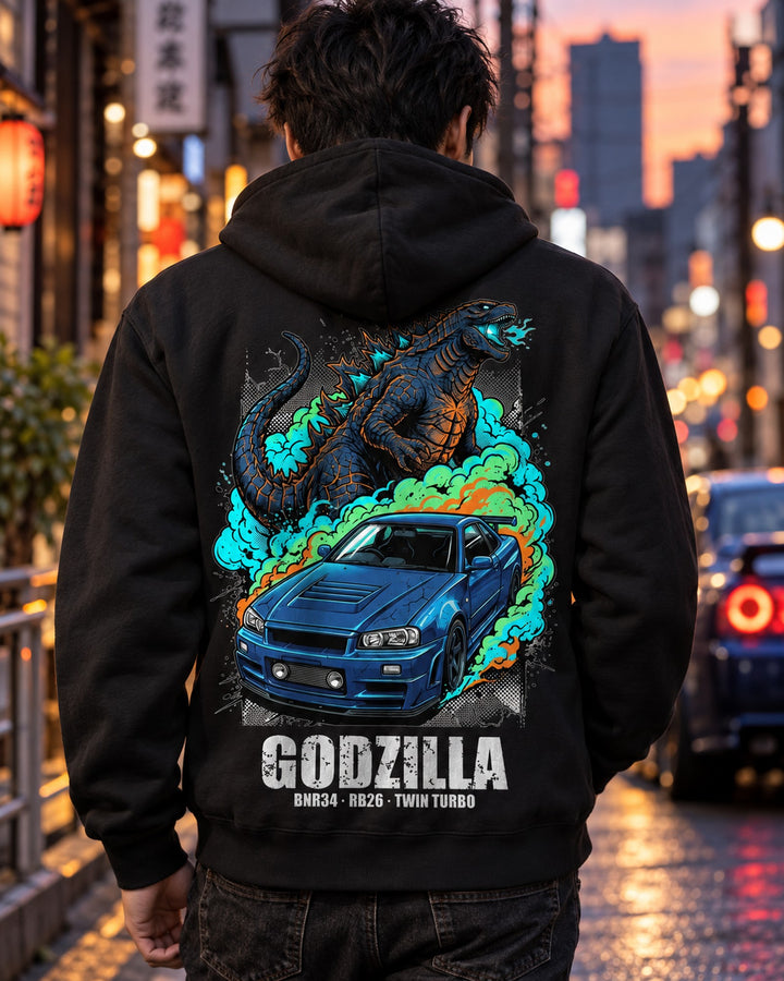 Nissan GT-R R34 Godzilla Pull Over Hoodie & Zip Hoodie Zip Hoodie Black worn hero