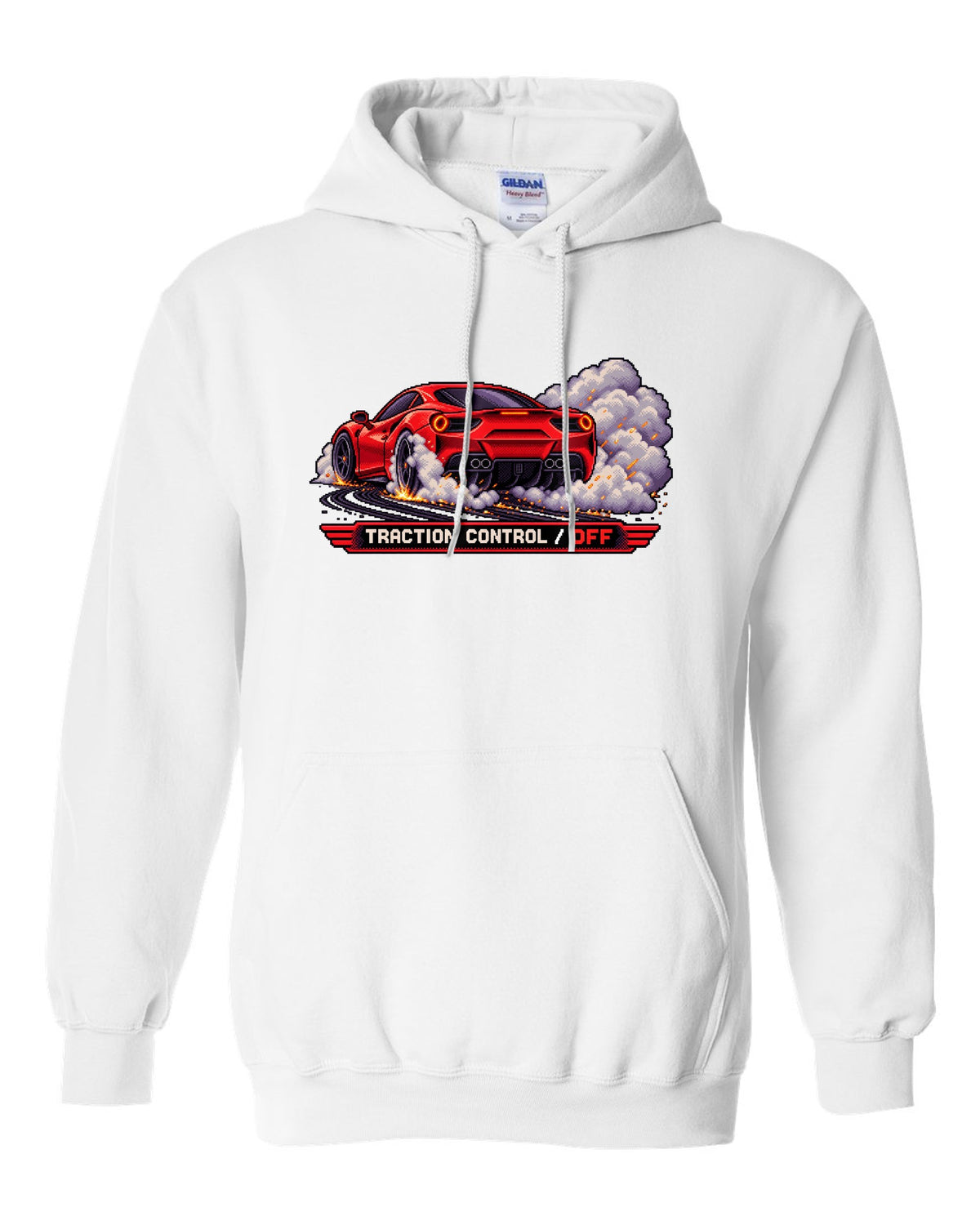 Pixel art Ferrari 488 GTB burnout with traction control off text white pull over hoodie front view with the design