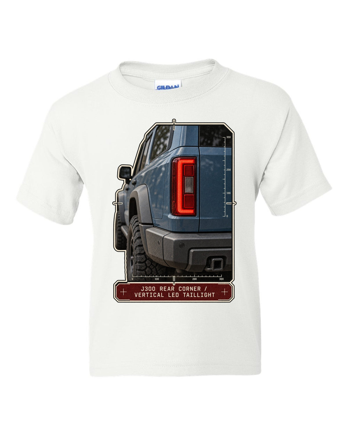 Close-up of Toyota Land Cruiser 300 J300 vertical LED taillight white kids tee front view with the design