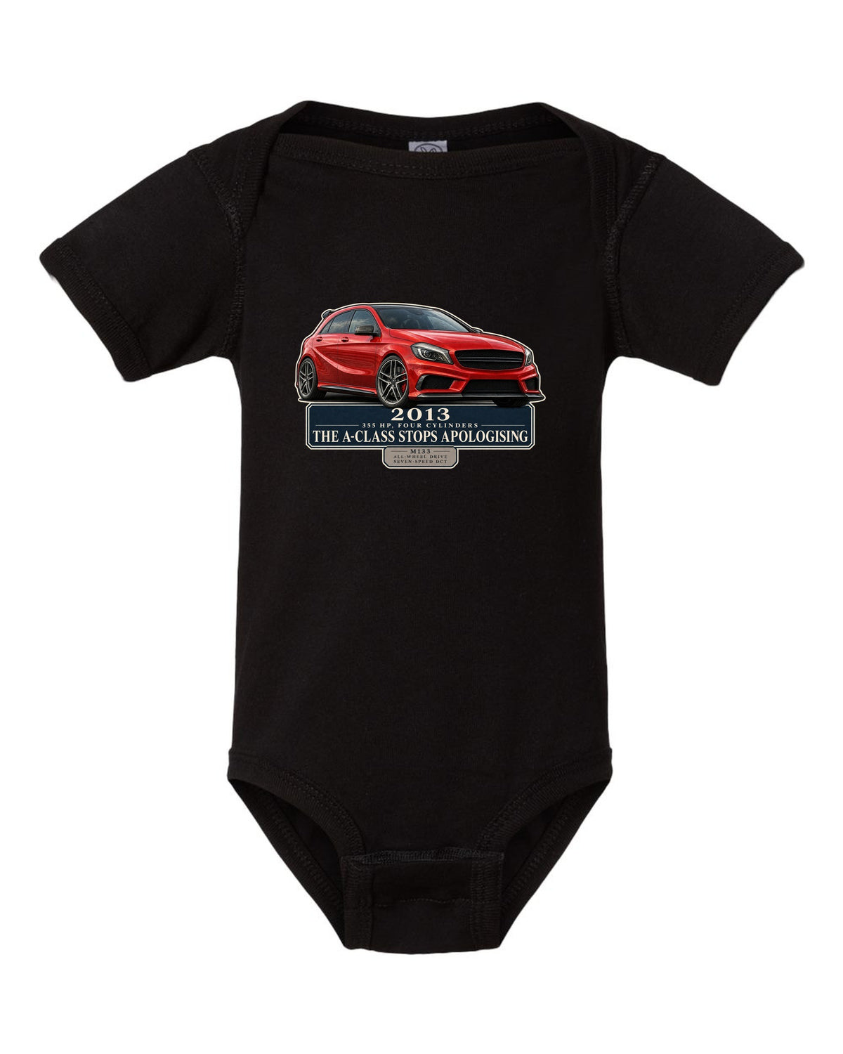 Mercedes-AMG A45 W176 chback editorial headline print black baby onesie front view with the design