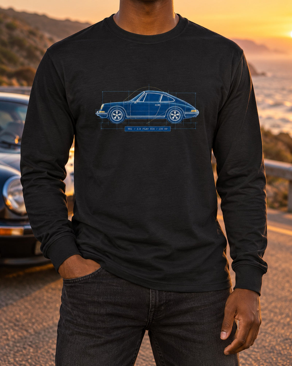 Porsche 911 901 1964 Cyanotype Blueprint Profile Shirt Long Sleeve Black worn hero