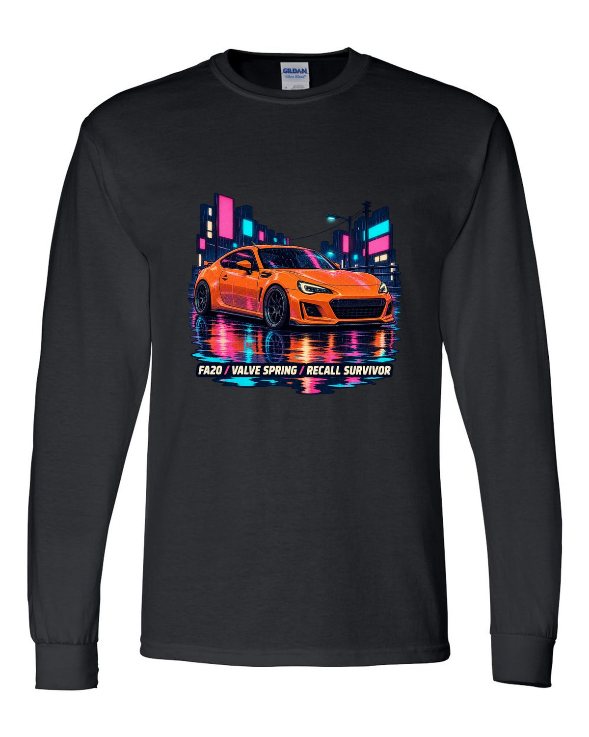 Subaru BRZ ZC6 in a rainy lo-fi anime night scene, FA20 / VALVE SPRING / RECALL SURVIVOR black long sleeve front view with the design