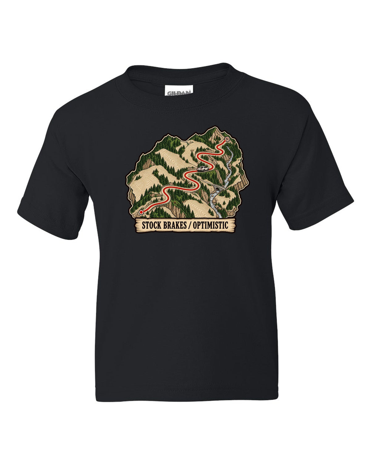 Topographic route map print of a mountain pass for the Nissan Skyline GT-R R32 BNR32 black kids tee front view with the design