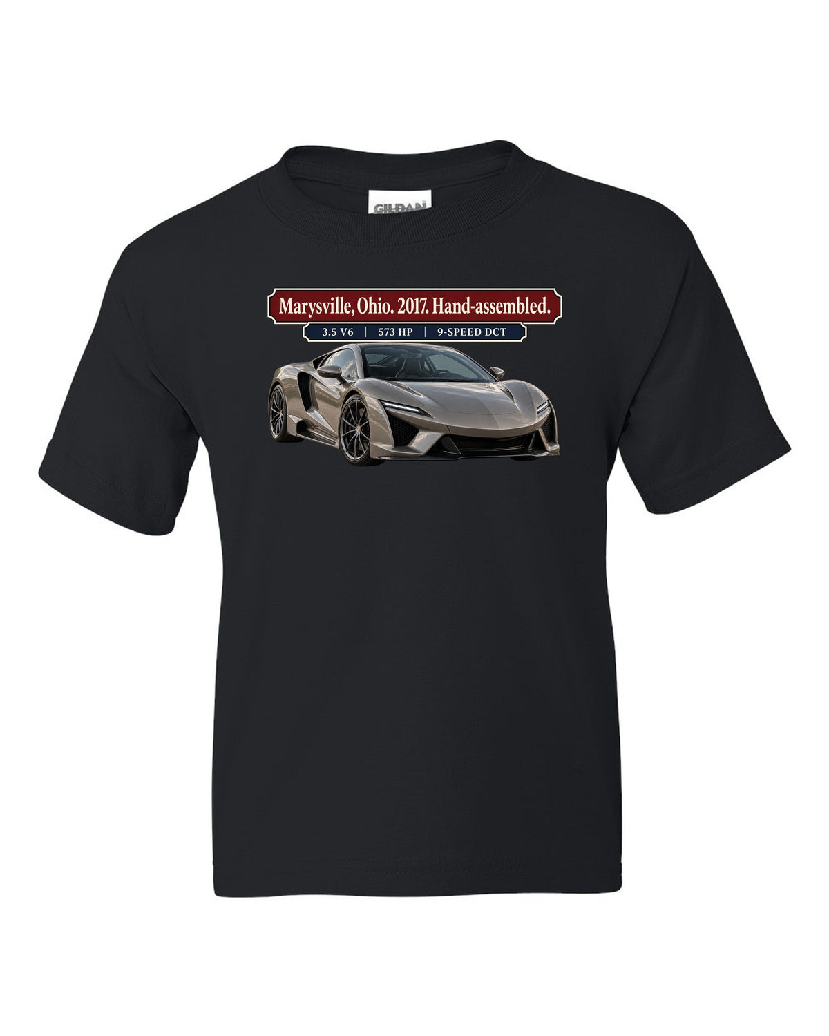 Archive panel print of a 2017 Acura NSX NC1 launch car in warm grey black kids tee front view with the design