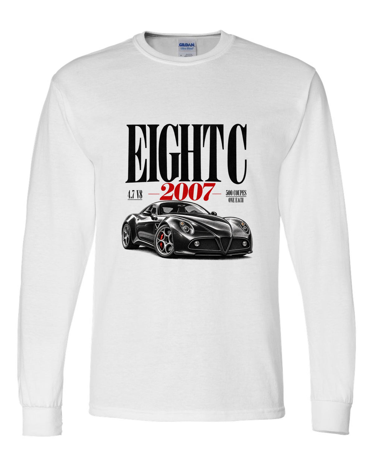 Editorial headline print for the Alfa Romeo 8C Competizione with 4.7 V8 text white long sleeve front view with the design