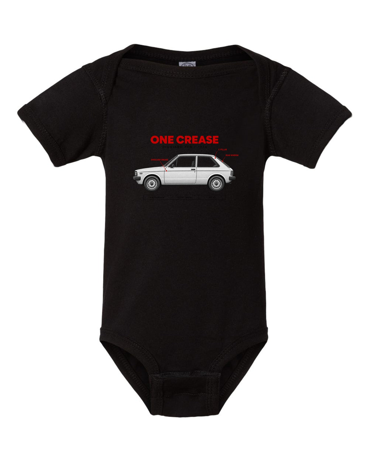 VW Golf Mk1 1974 Giugiaro Spec Poster print black baby onesie front view with the design