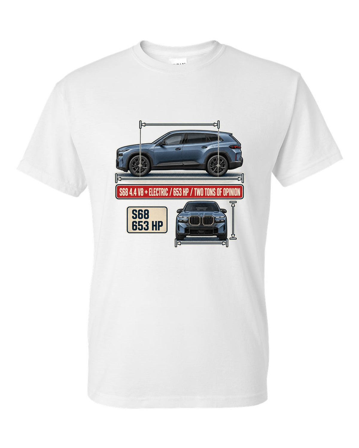 BMW XM G09 dimension blueprint print on a tee white t-shirt front view with the design