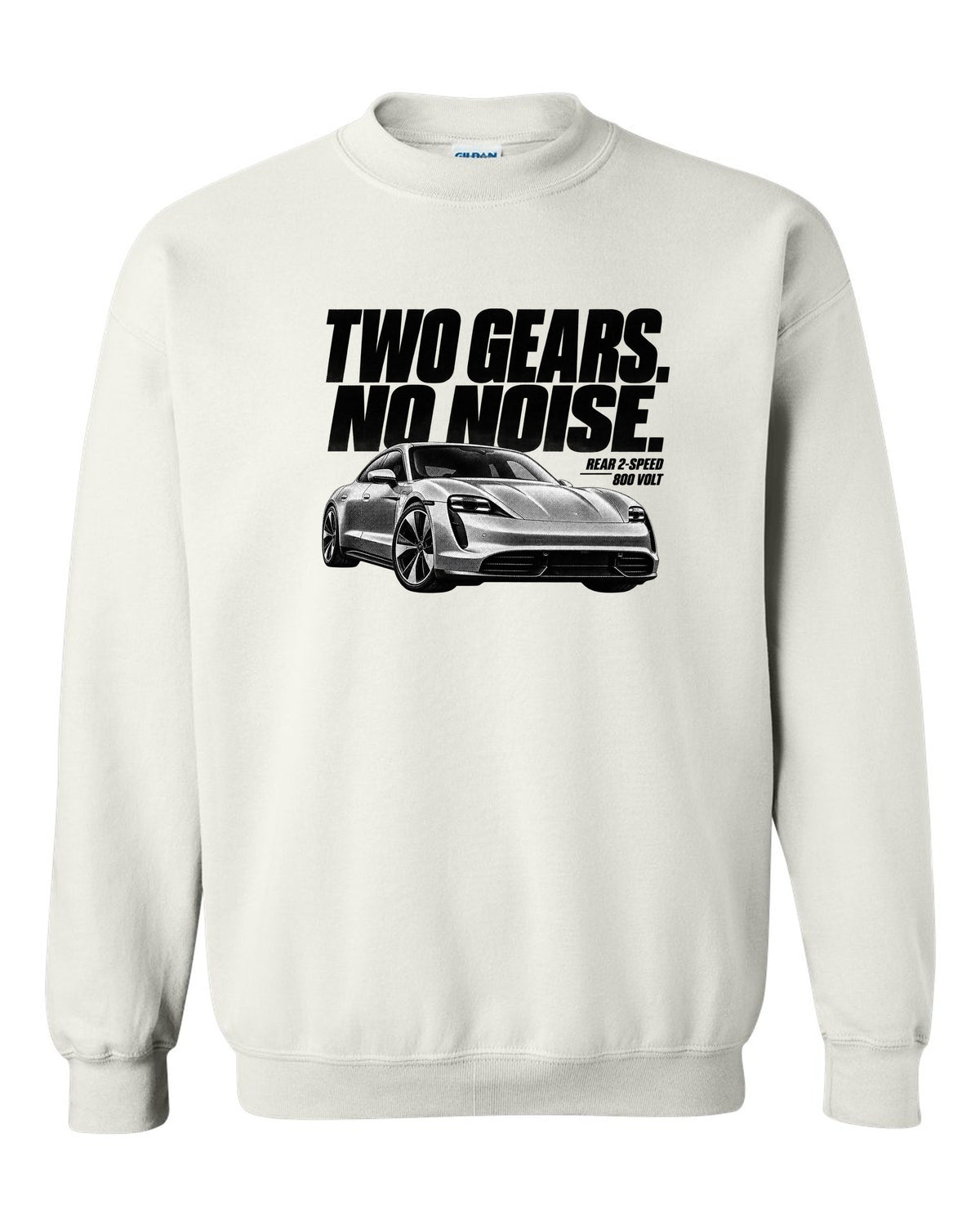 Halftone Porsche Taycan Turbo S 9J1 front three-quarter with two gears, no noise, rear 2-speed white crewneck front view with the design