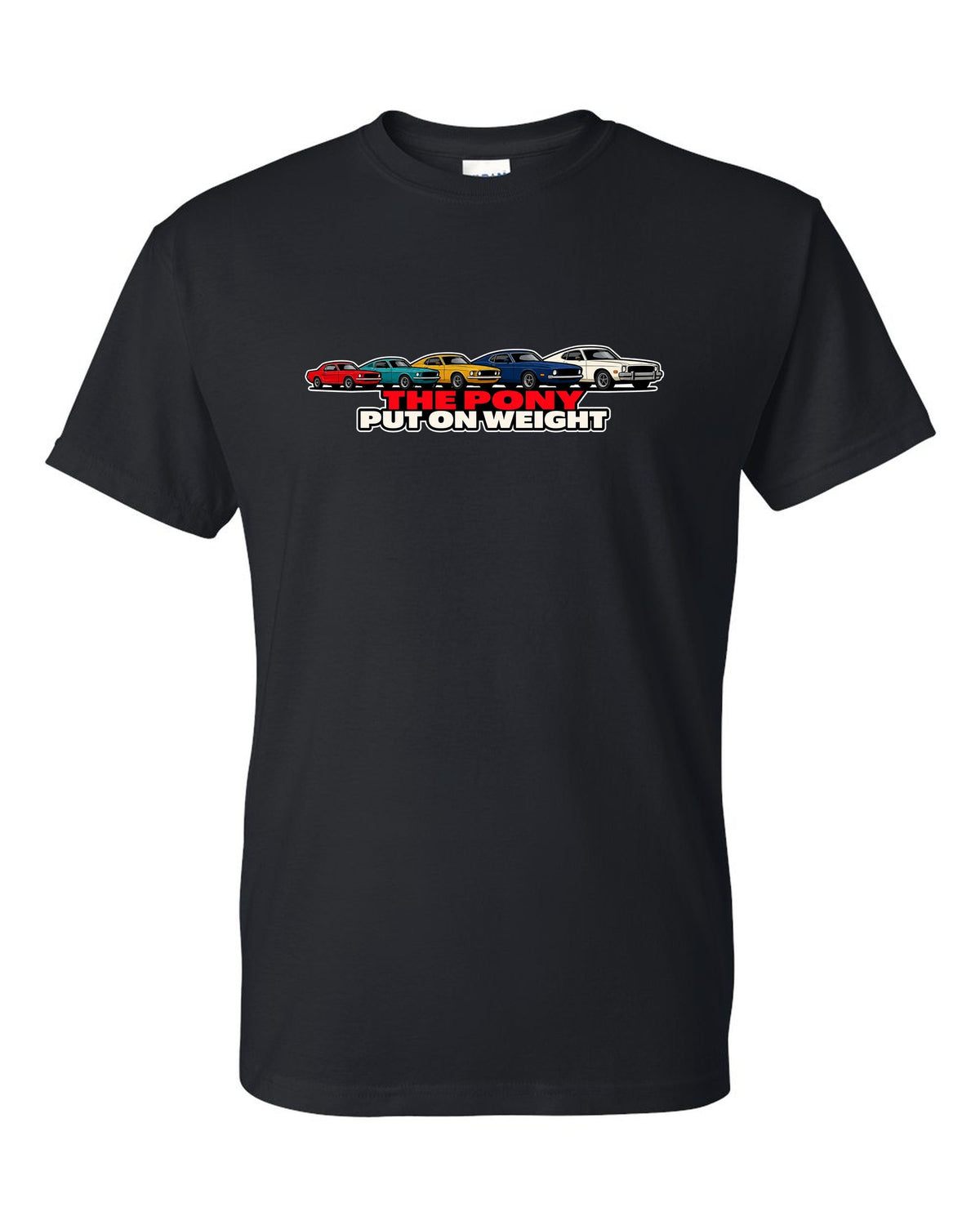 Generation evolution lineup print of five first-generation Ford Mustangs 1965-73 black t-shirt front view with the design
