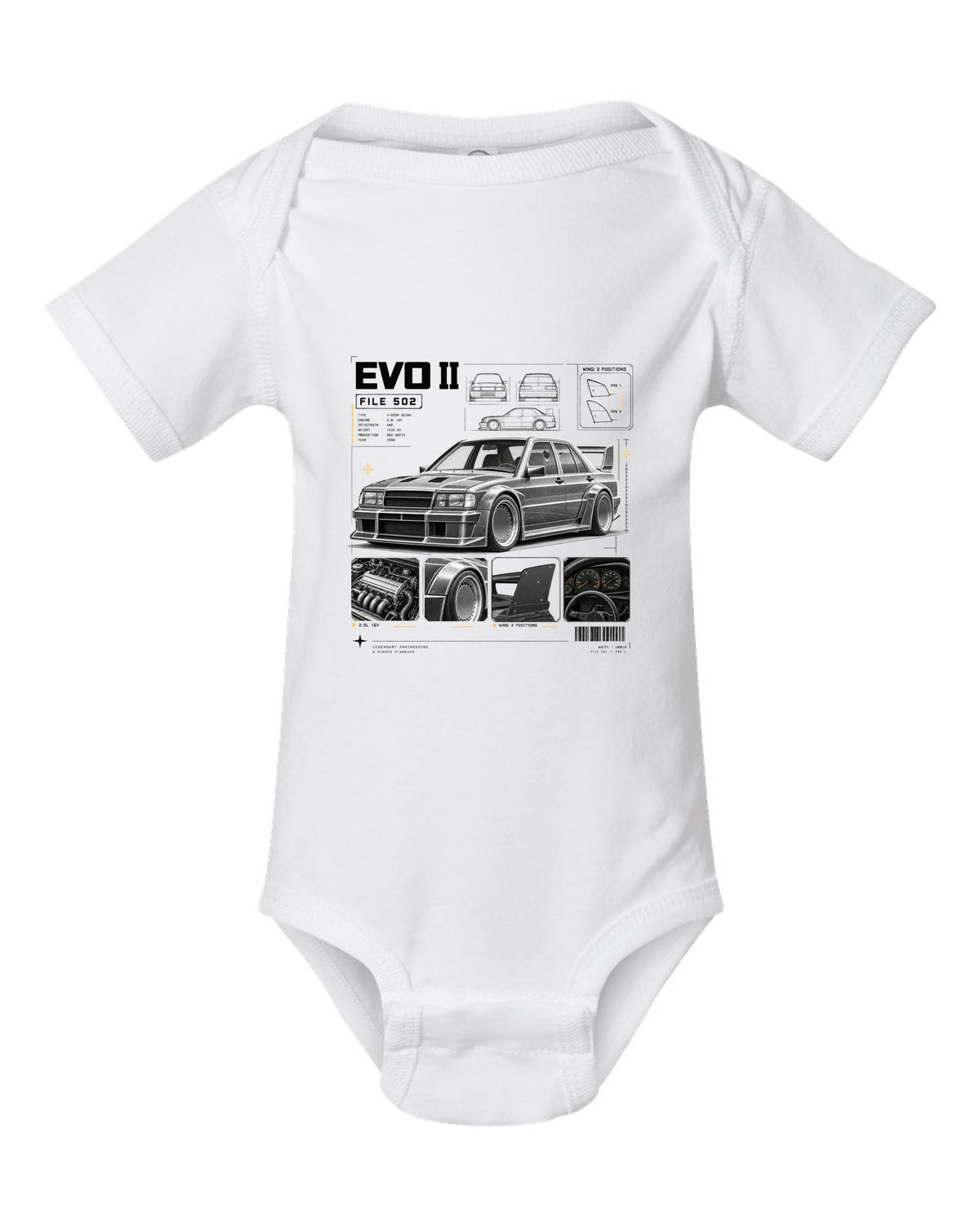 print dossier panels of a Mercedes 190E Evolution II W201 listing file 502, 2.5L 16V and wing positions white baby onesie front view with the design