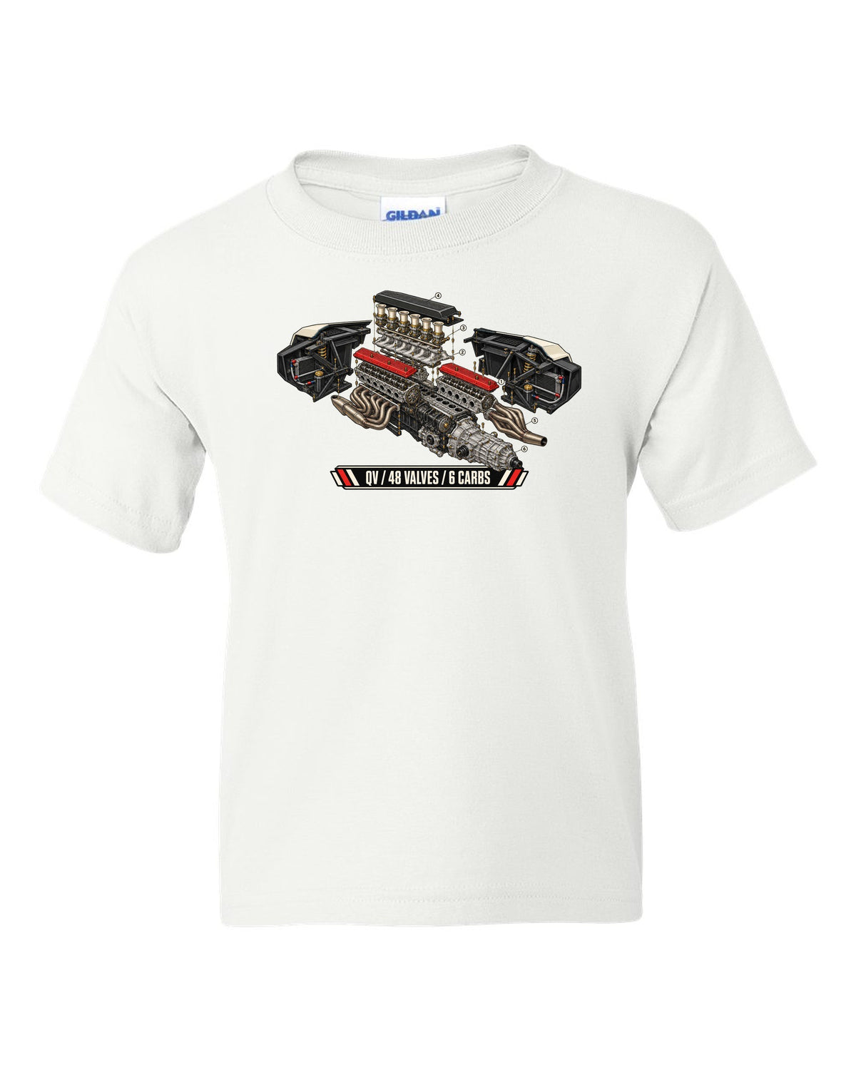 Exploded engine cutaway of a 1985 Lamborghini Countach LP5000 QV with 48 valves and 6 carbs lettering white kids tee front view with the design