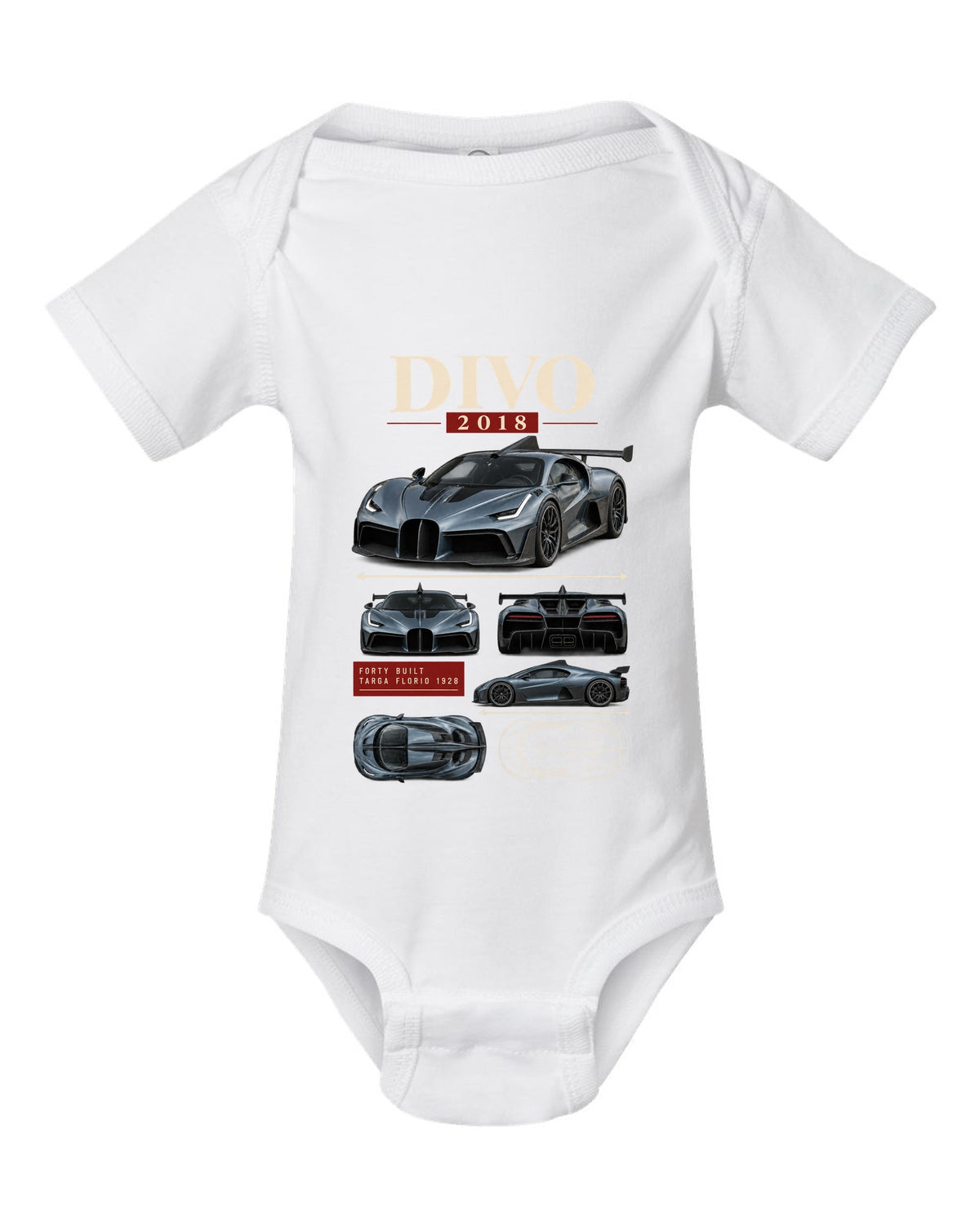 Archive panel design of the Bugatti Divo 2018 with Targa Florio 1928 text, print white baby onesie front view with the design