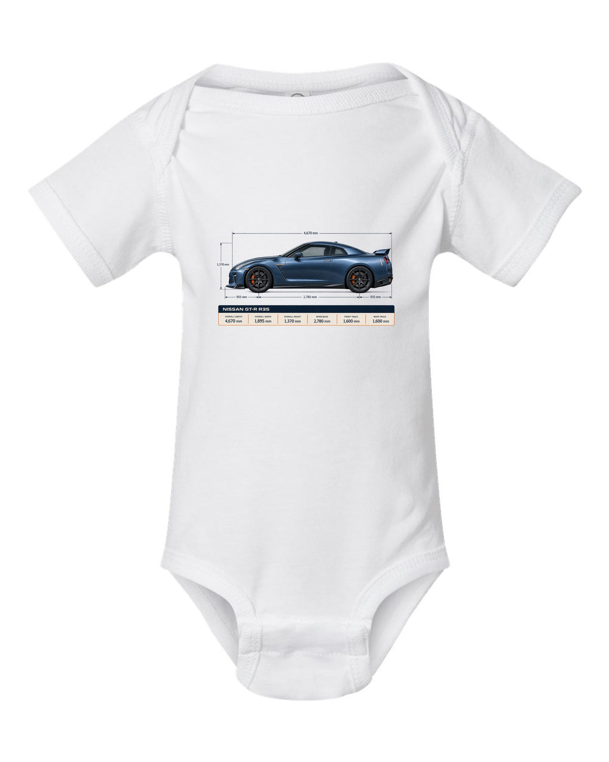 Nissan GT-R R35 Premium in gunmetal grey with an editorial headline layout white baby onesie front view with the design