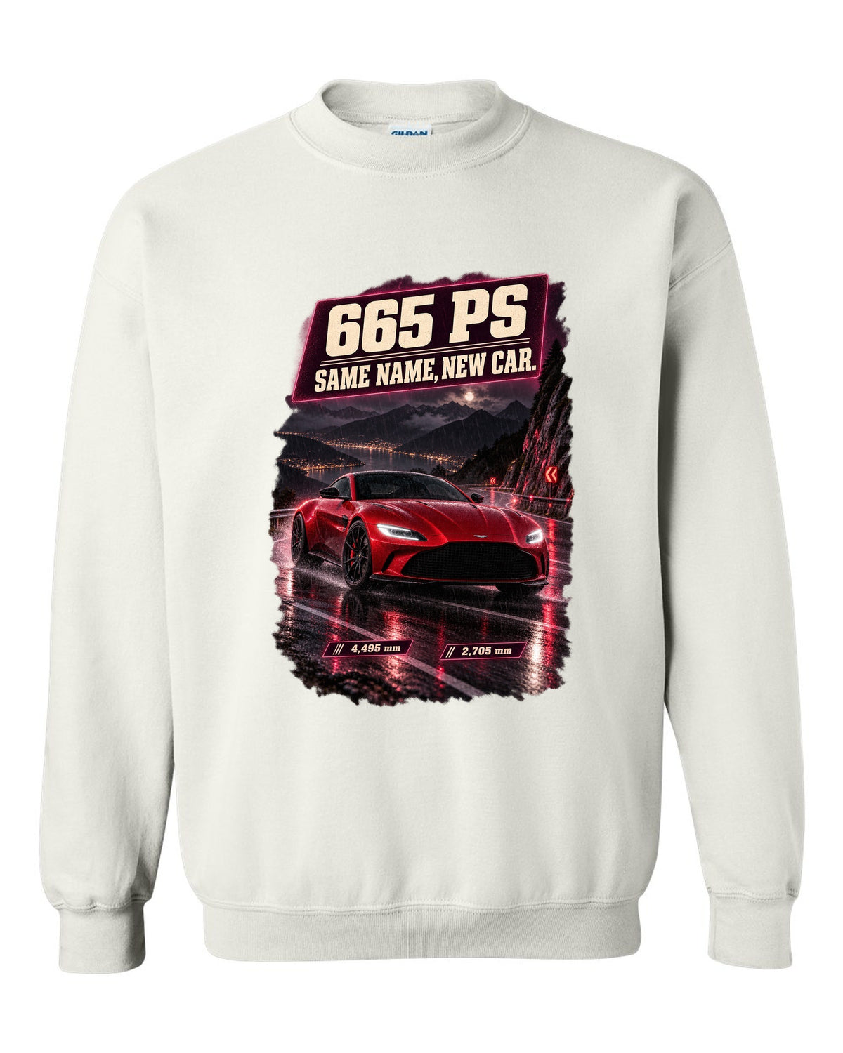 Aston Martin Vantage 2024 touge night street print with 665 PS text white crewneck front view with the design