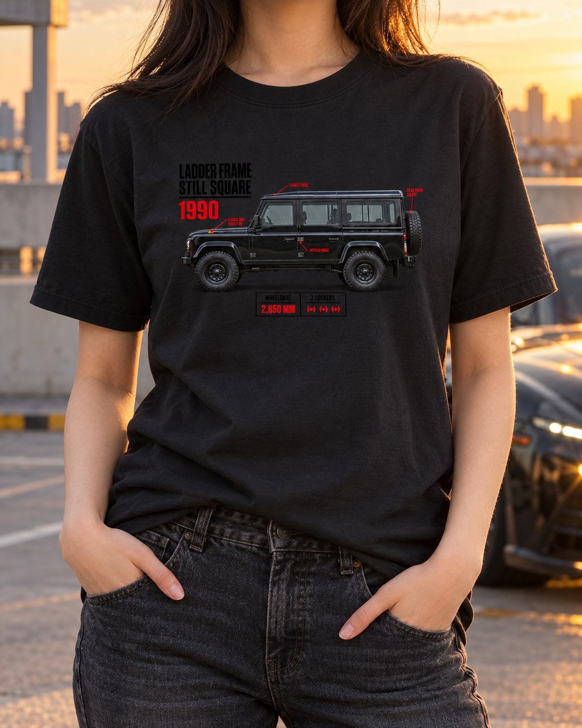 Mercedes G-Class W463 Spec Poster Shirt, Ladder Frame Tee T-Shirt Black worn hero