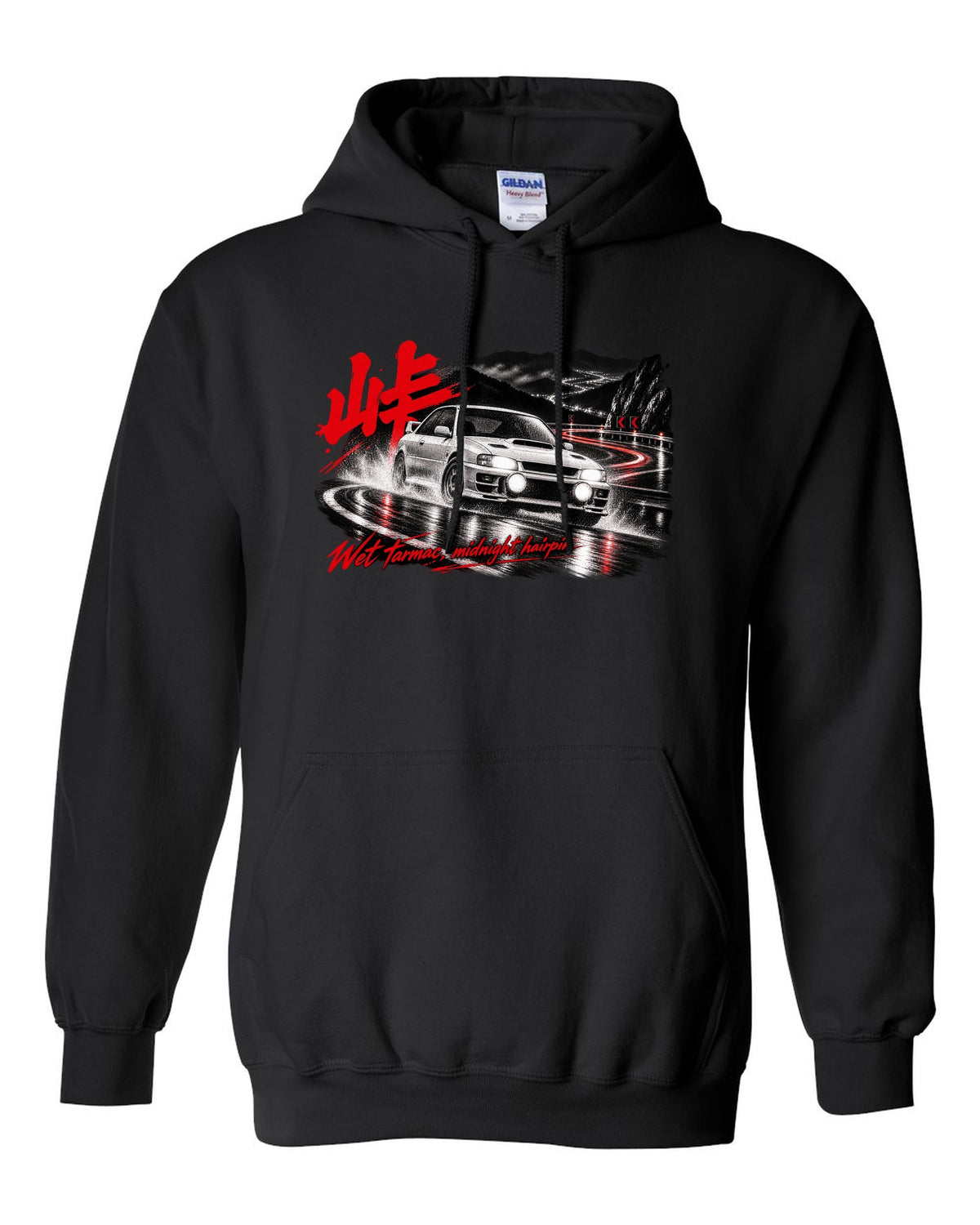Subaru Impreza WRX GC8 coupe on a wet mountain hairpin at night with touge kanji black pull over hoodie front view with the design