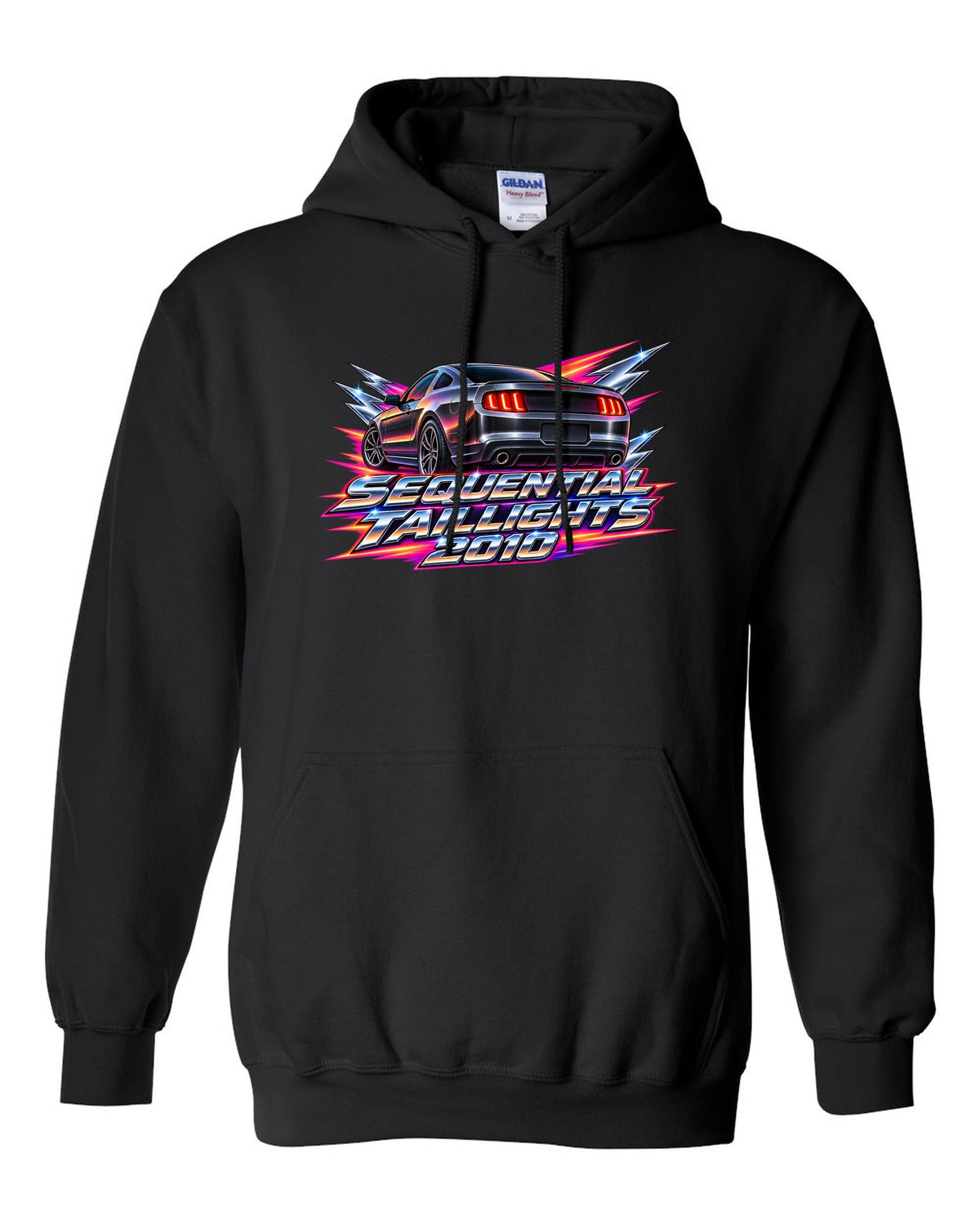 80s airbrush chrome 2005-2014 S197 Ford Mustang fastback with sequential taillights text black pull over hoodie front view with the design