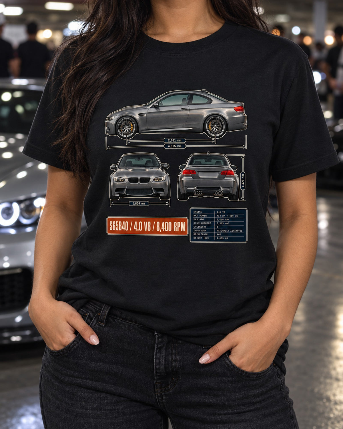 BMW M3 E92 V8 Three-View Spec Table Tee T-Shirt Black worn hero
