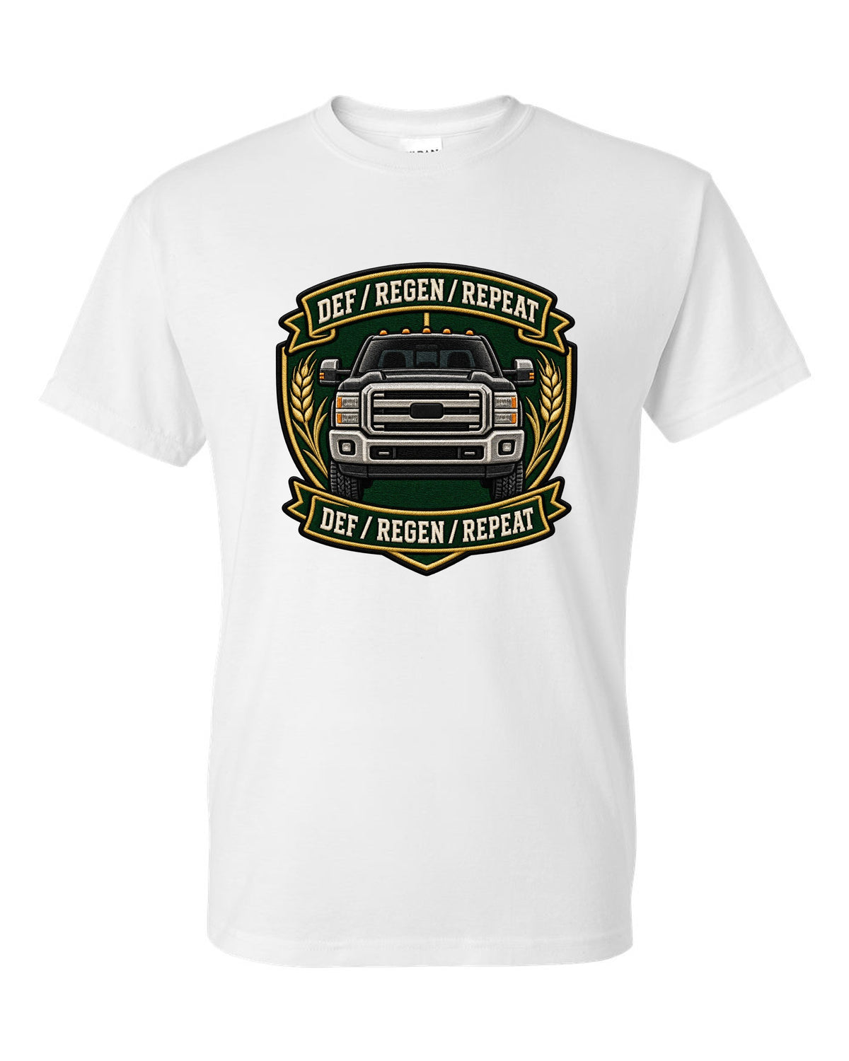 Shield crest print for the 2010-2018 Ram 2500 6.7 Cummins reading DEF regen repeat white t-shirt front view with the design