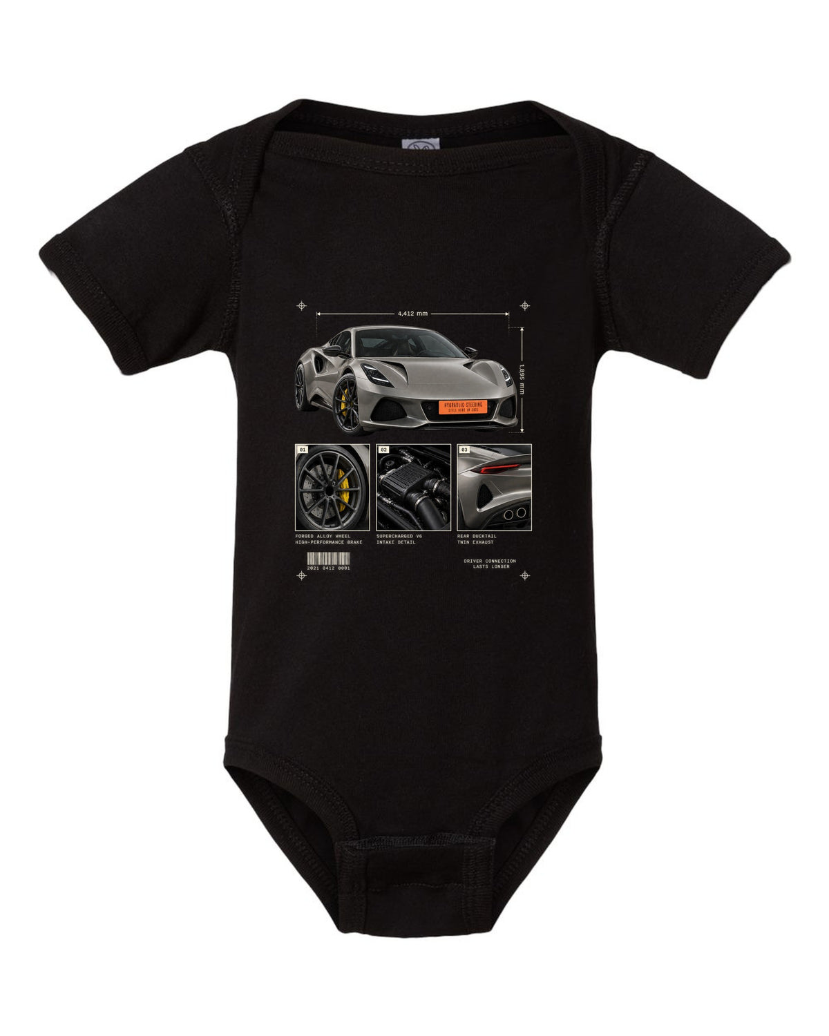 Lotus Emira V6 2021 hero view with three detail panels print with hydraulic steering text black baby onesie front view with the design