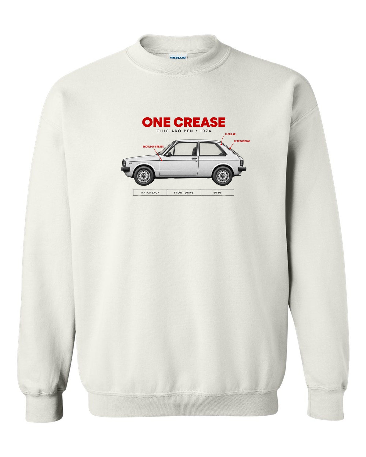 VW Golf Mk1 1974 Giugiaro Spec Poster print white crewneck front view with the design