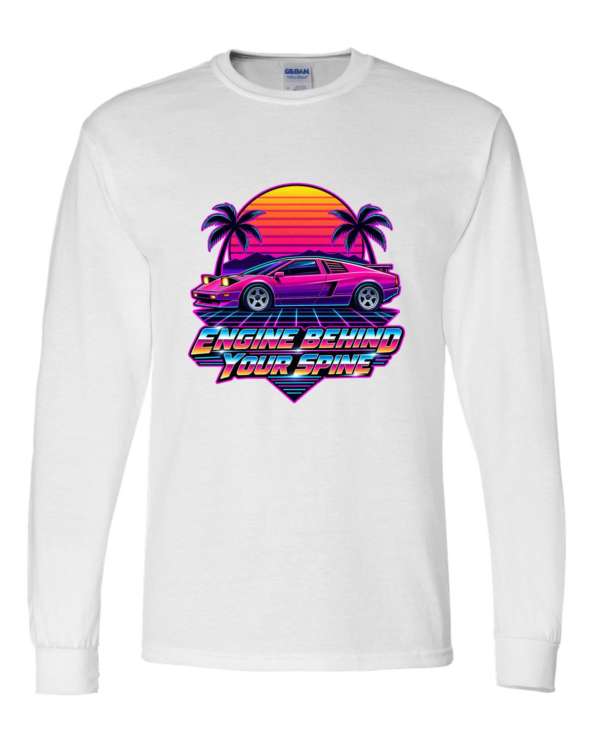 Synthwave sunset grid with a Toyota MR2 AW11 driving toward the horizon white long sleeve front view with the design