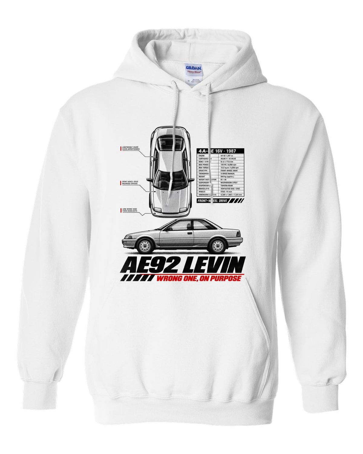 Spec poster print of a Toyota Corolla Levin AE92 with 4A-GE 16V and front-wheel drive text white pull over hoodie front view with the design