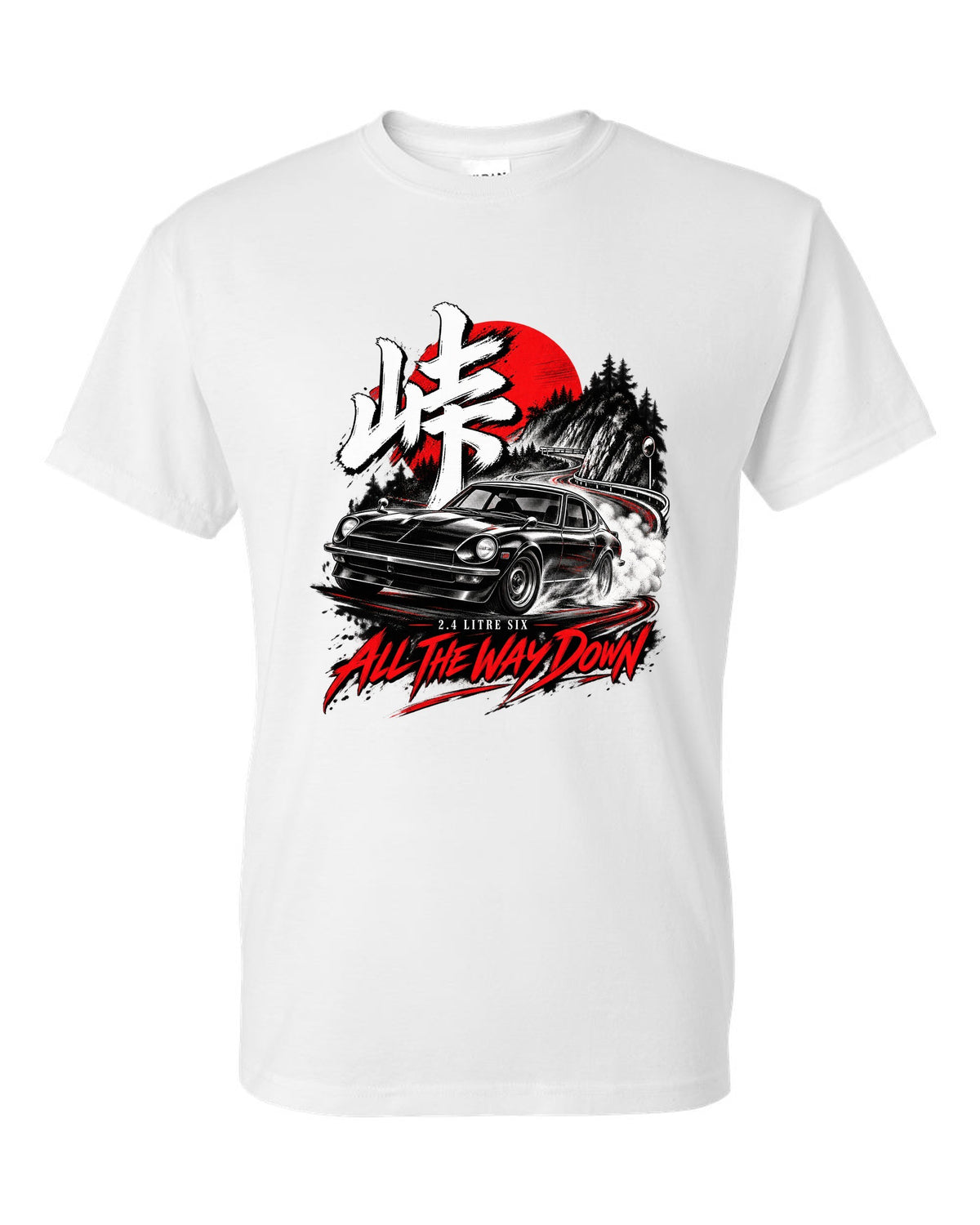 print of a 1971 Datsun 240Z HLS30 sliding downhill at night with touge kanji white t-shirt front view with the design