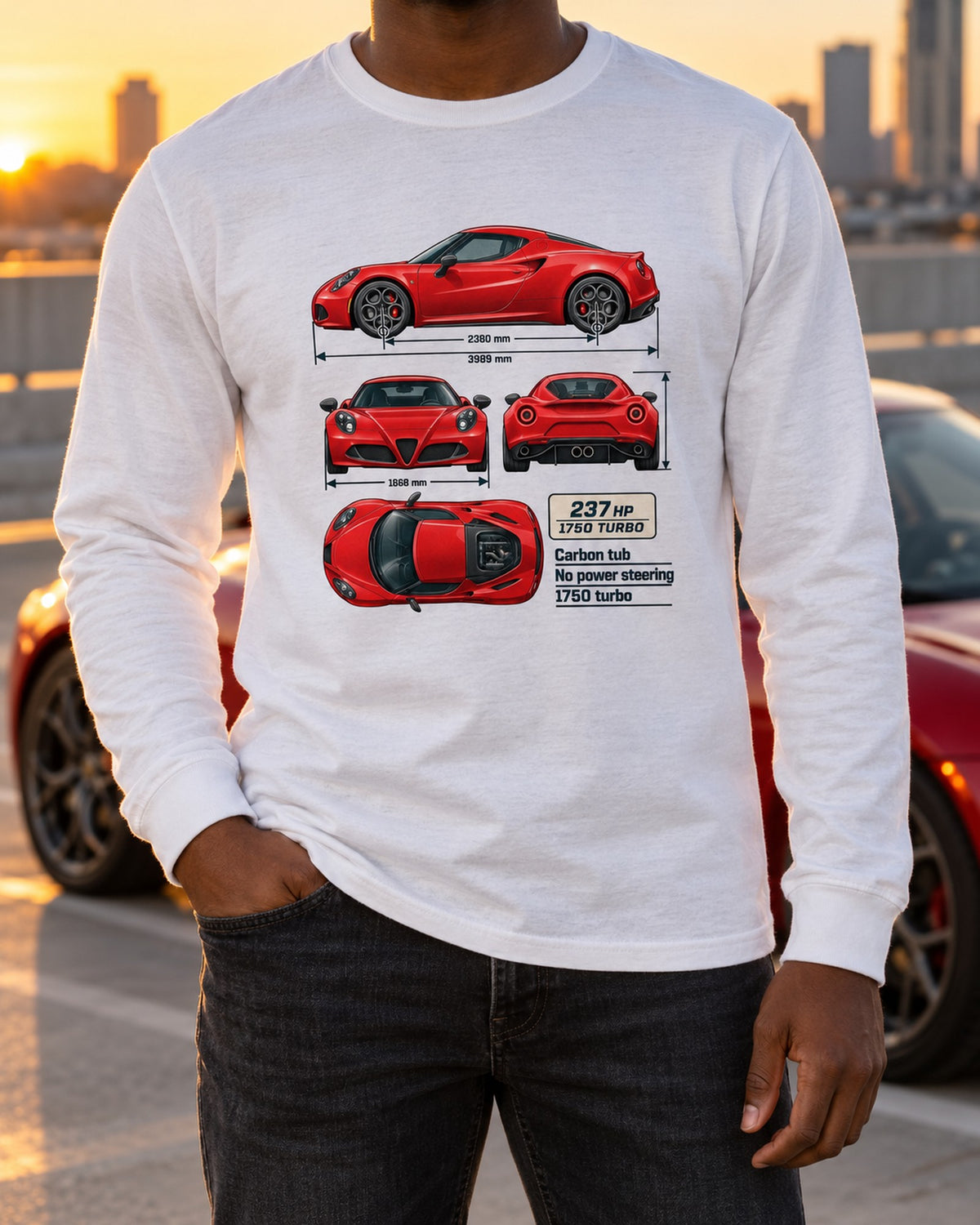 Alfa Romeo 4C Coupe Dimension Blueprint Shirt, Car Guy Gift Long Sleeve White worn hero