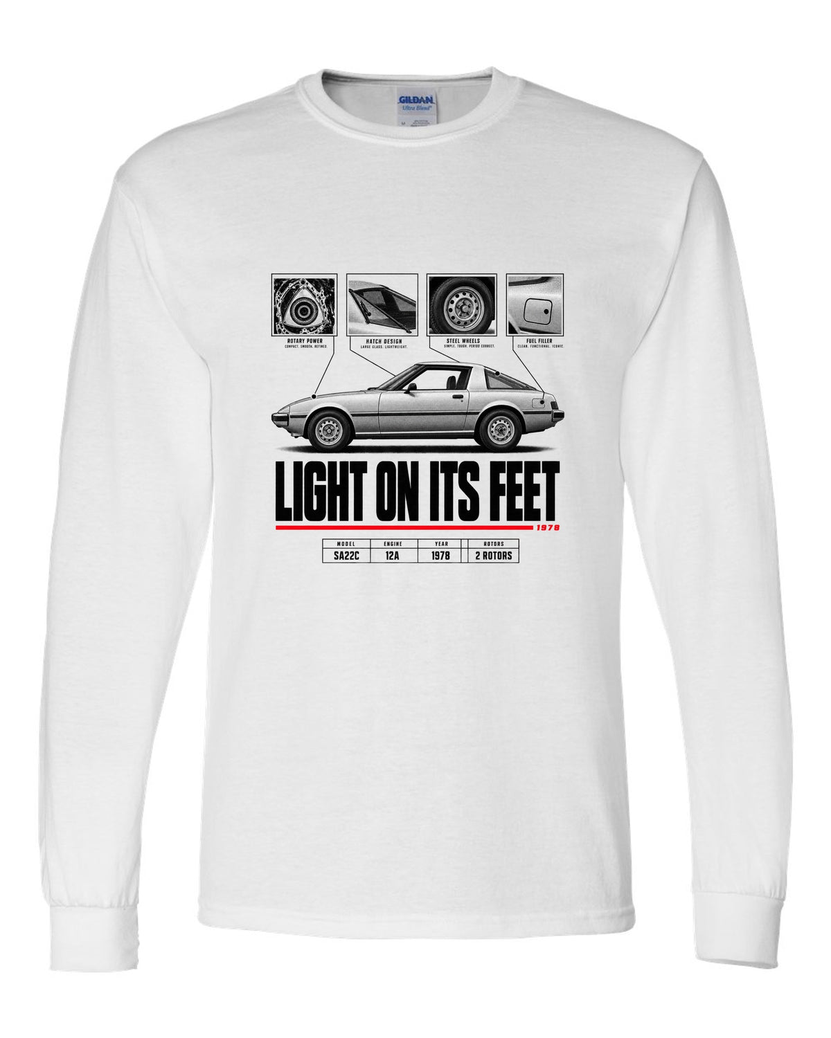 Spec poster print of a Mazda RX-7 SA22C Savanna with 12A lettering white long sleeve front view with the design
