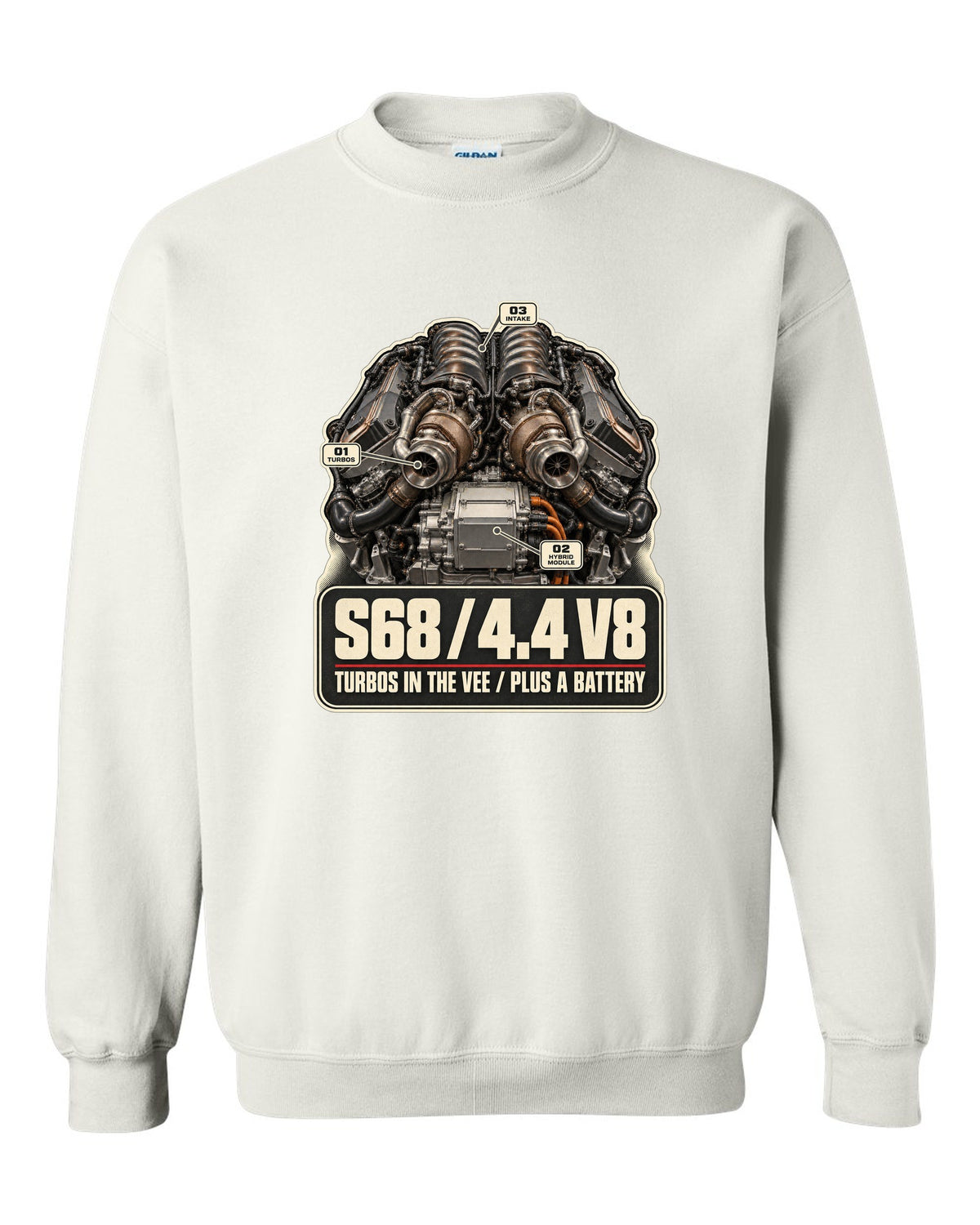 Engine hero print of the S68 4.4 V8 in the BMW XM G09 white crewneck front view with the design