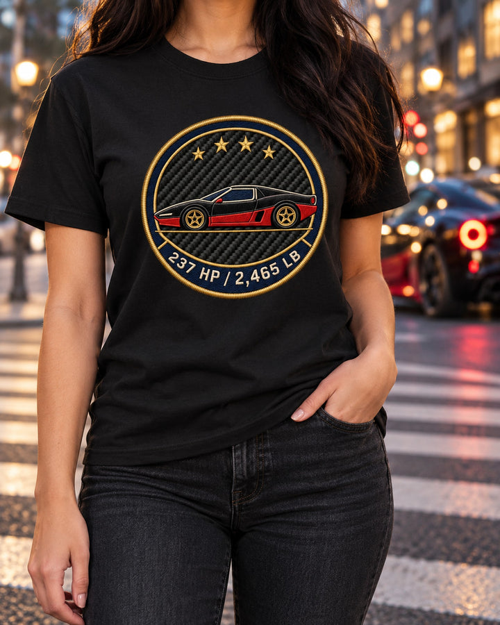 Alfa Romeo 4C Round Crest Tee, 237 HP and 2,465 LB T-Shirt Black worn hero