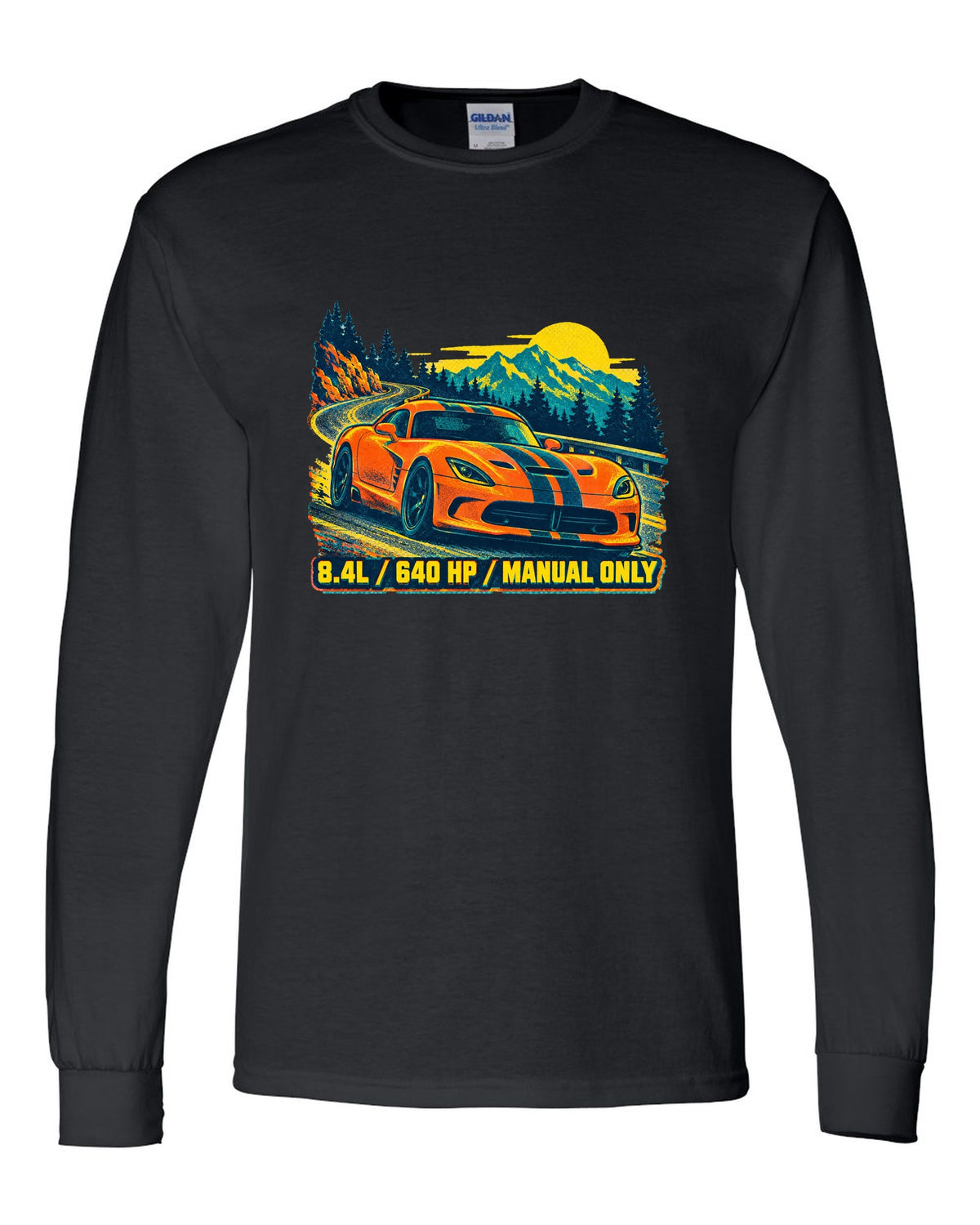 Risograph spot-colour print of a 2013 Dodge Viper VX I with 8.4L text black long sleeve front view with the design