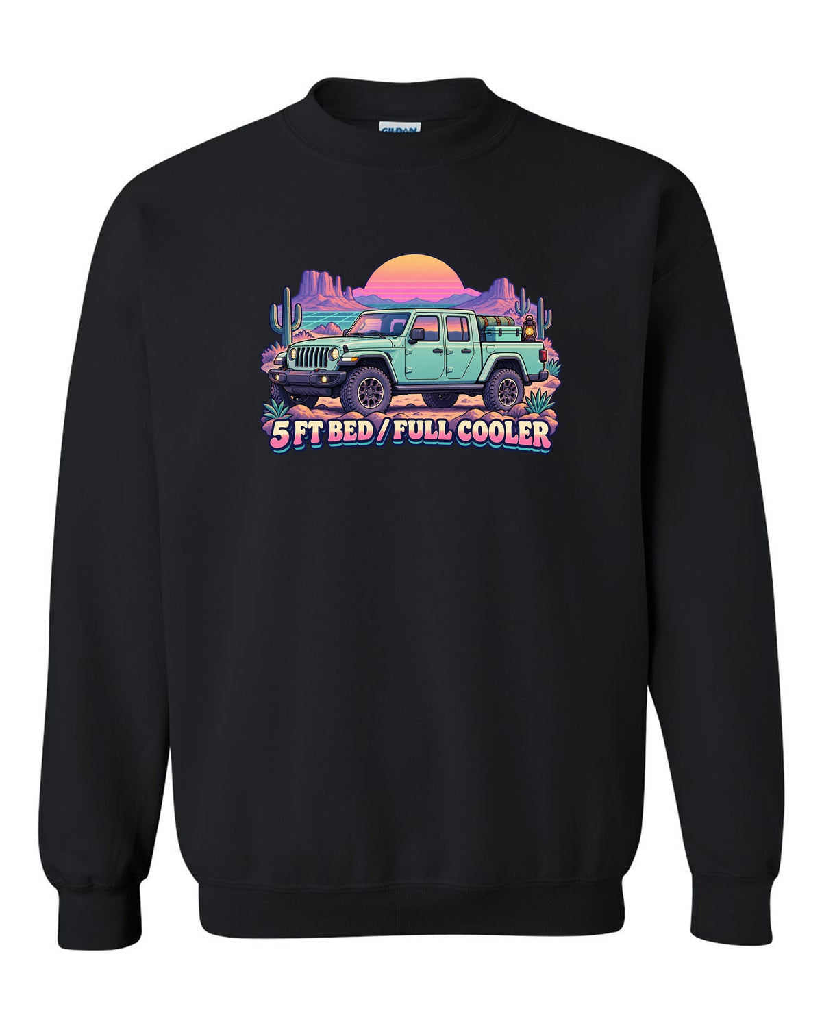 Vaporwave pastel print of a Jeep Gladiator JT in a desert camp with cooler text black crewneck front view with the design