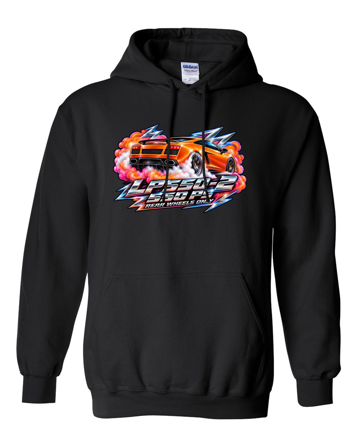 80s airbrush chrome design of a Lamborghini Gallardo LP550-2 with rear wheels only text black pull over hoodie front view with the design