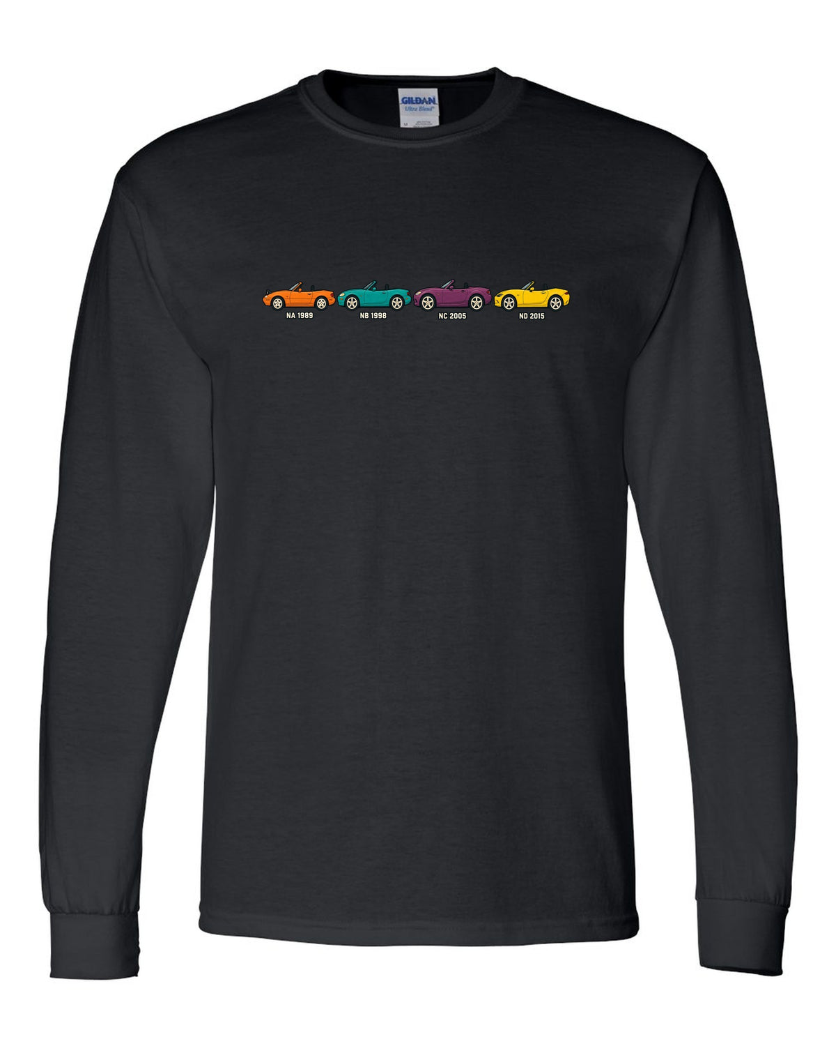 Ukiyo-e woodblock print of a Mazda MX-5 NA roadster taking a hairpin corner black long sleeve front view with the design