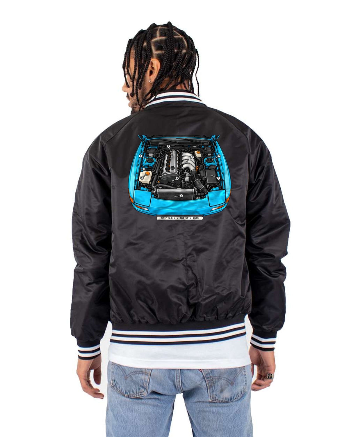 Porsche 944 S2 Engine Bay Callout Diagram Shirt, 1989 Bomber Jacket Black back
