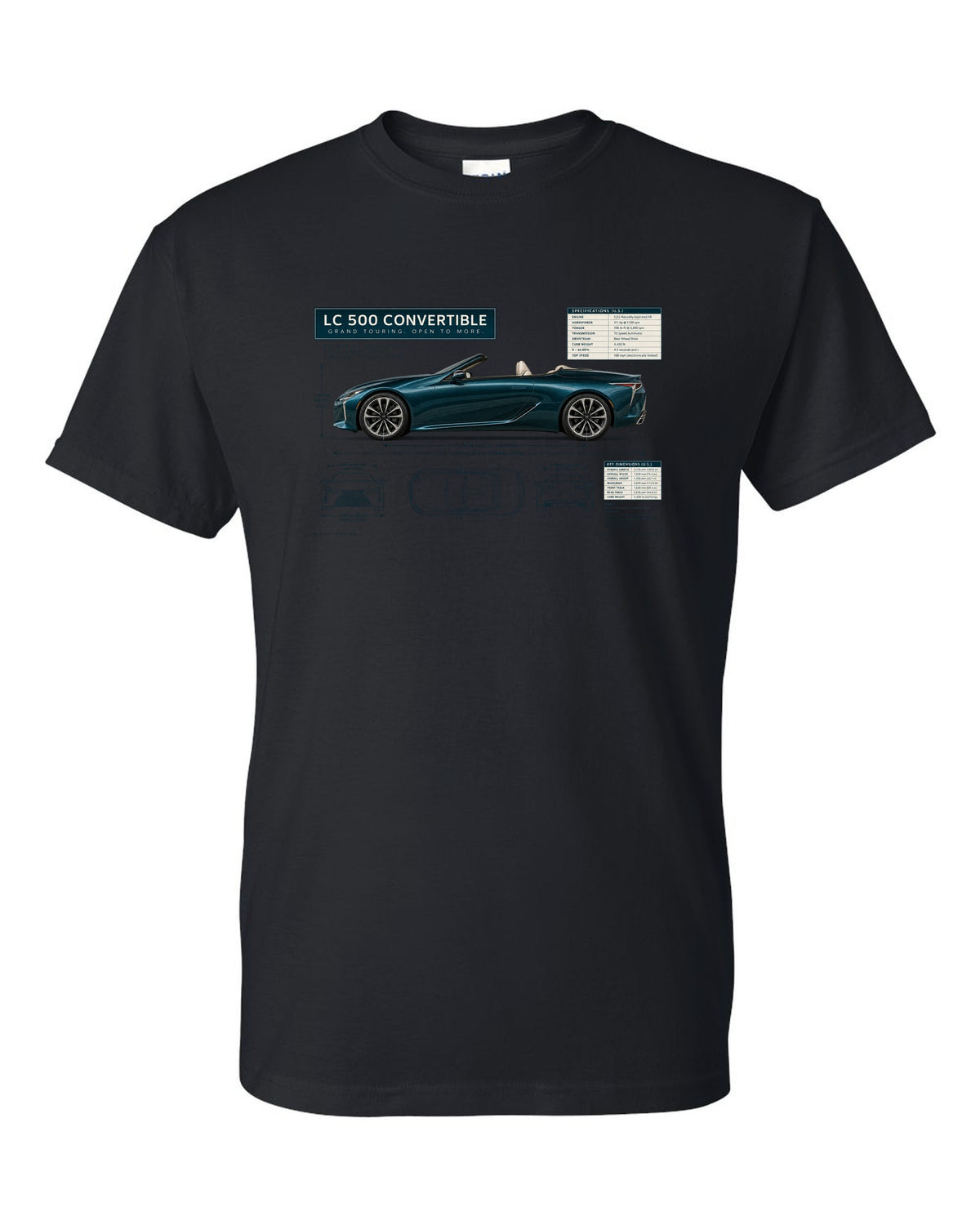 Dimension blueprint of the Lexus RC F with engine code and power figure black t-shirt front view with the design