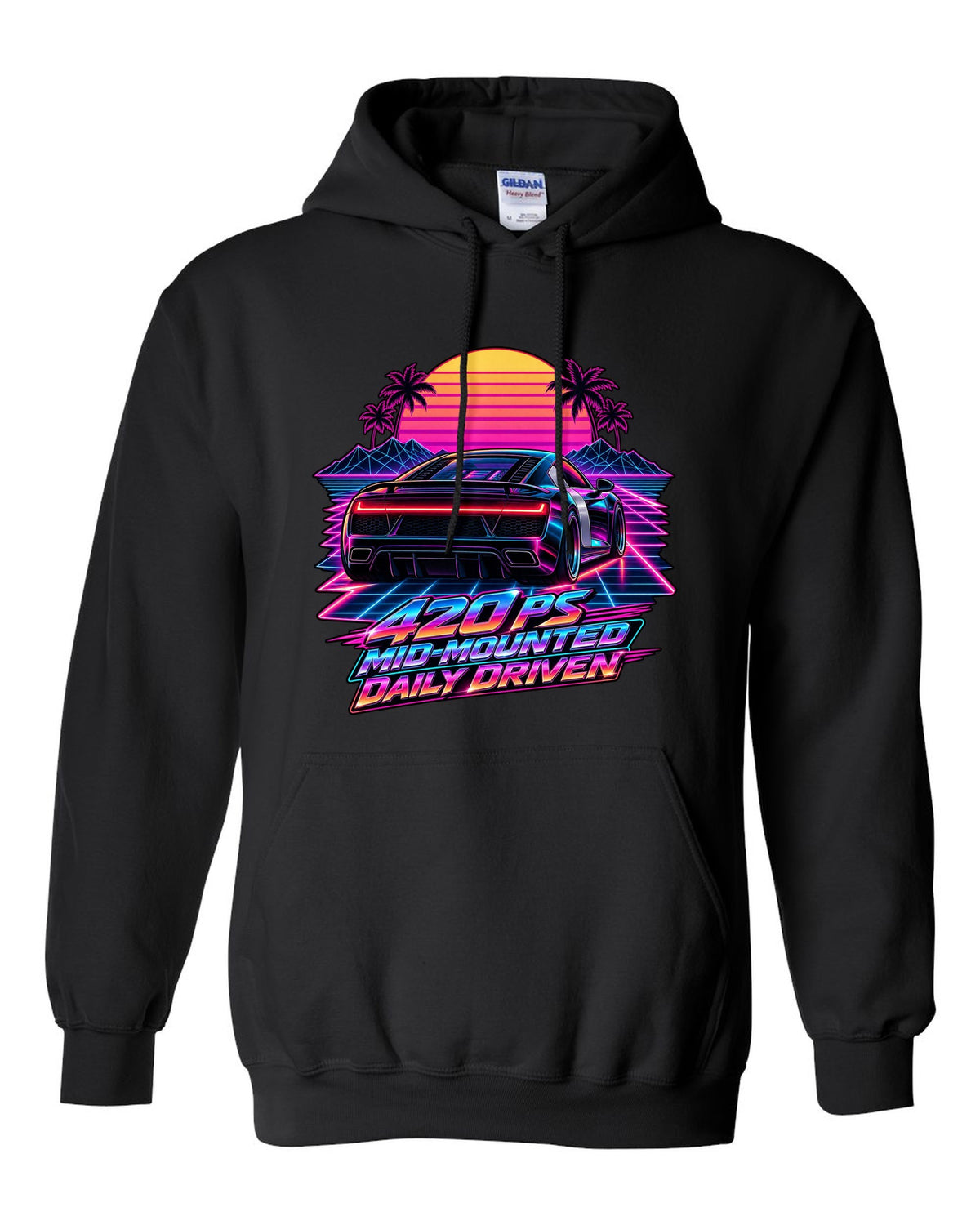 80s synthwave print of an Audi R8 Type 42 rear lights with Daily Driven text black pull over hoodie front view with the design
