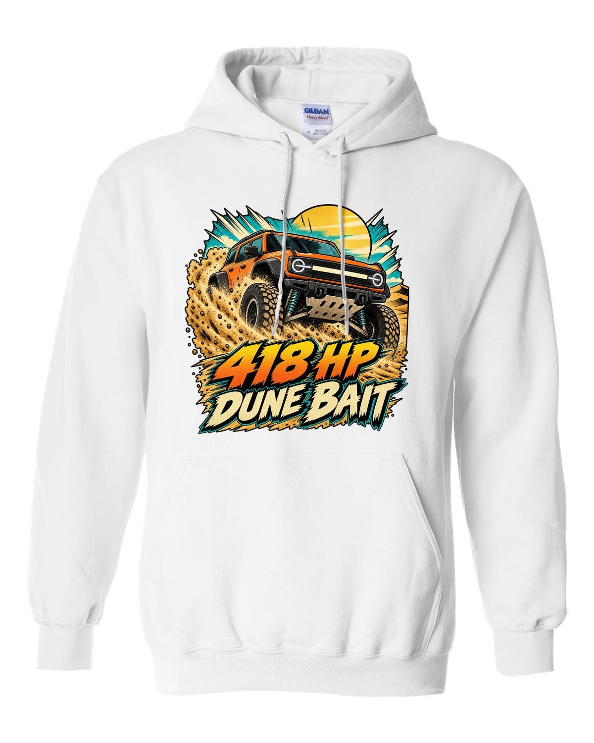 Ford Bronco Raptor U725 in a retro manga halftone dune panel print white pull over hoodie front view with the design