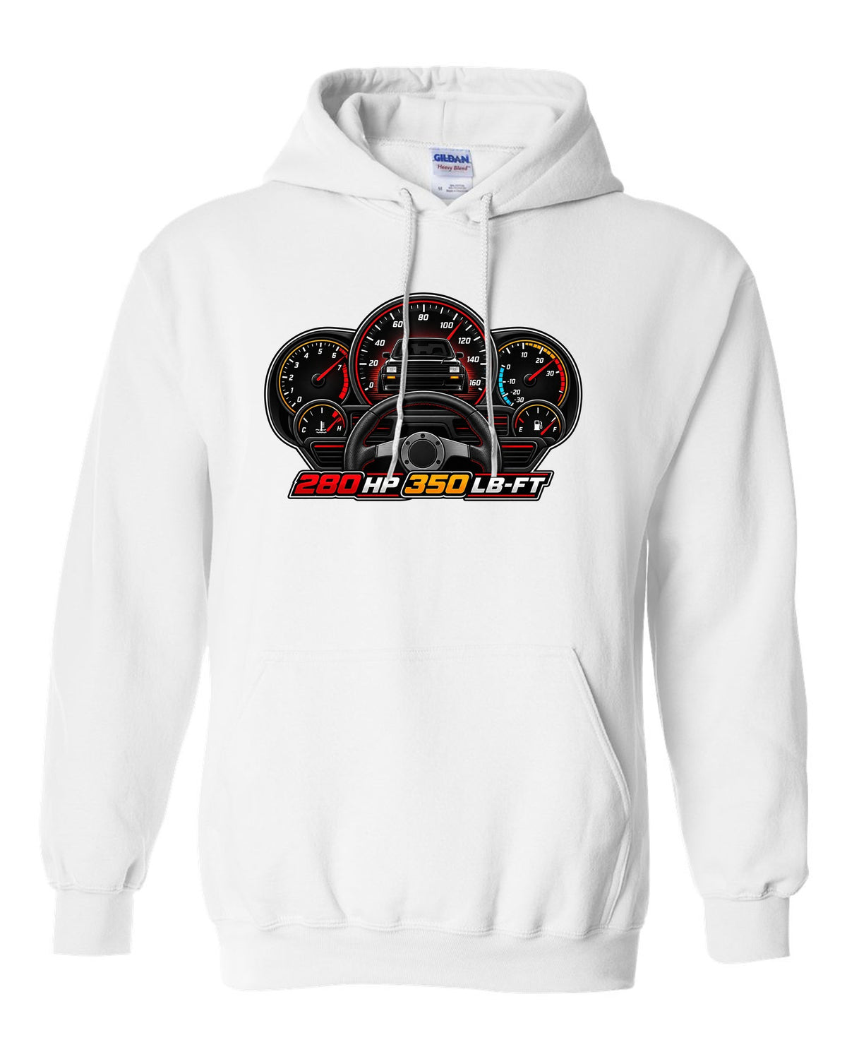 Gauge cluster HUD design for a 1991 GMC Syclone showing 280 HP and 350 LB-FT white pull over hoodie front view with the design
