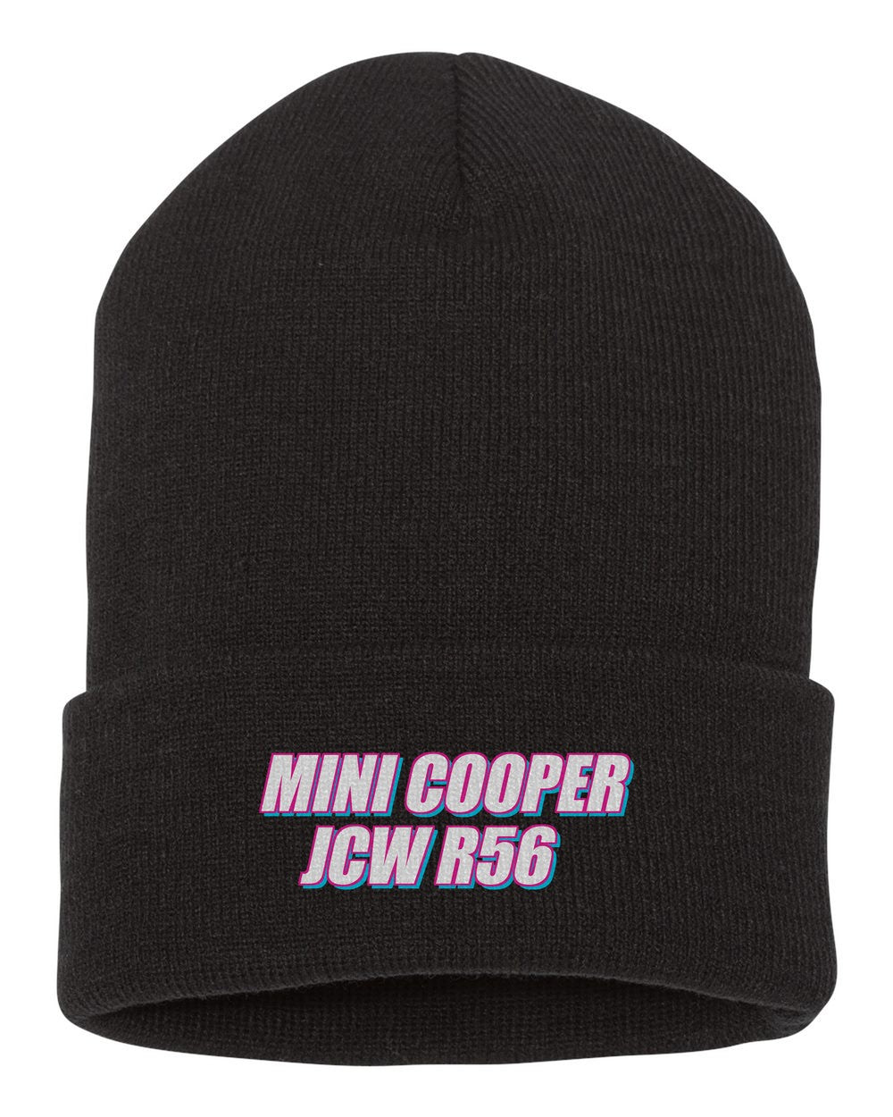 Mini Cooper Jcw R56 black beanie front view with car name