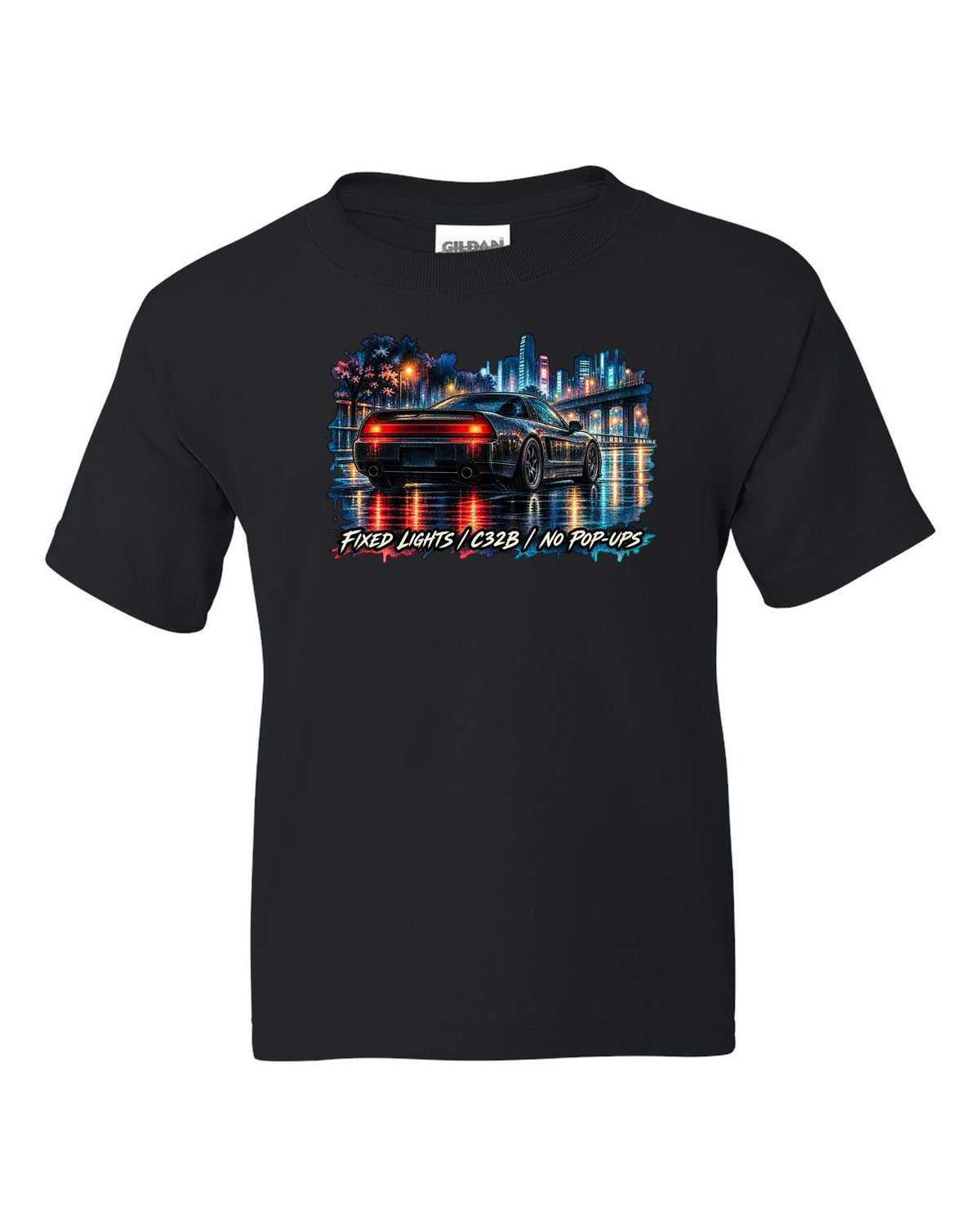 Watercolour wet-road night print of a Honda NSX NA2 with fixed lights C32B no pop-ups text black kids tee front view with the design