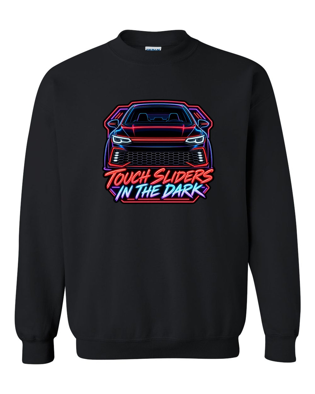 Neon sign line art of a VW Golf Mk8 GTI with touch sliders in the dark text black crewneck front view with the design