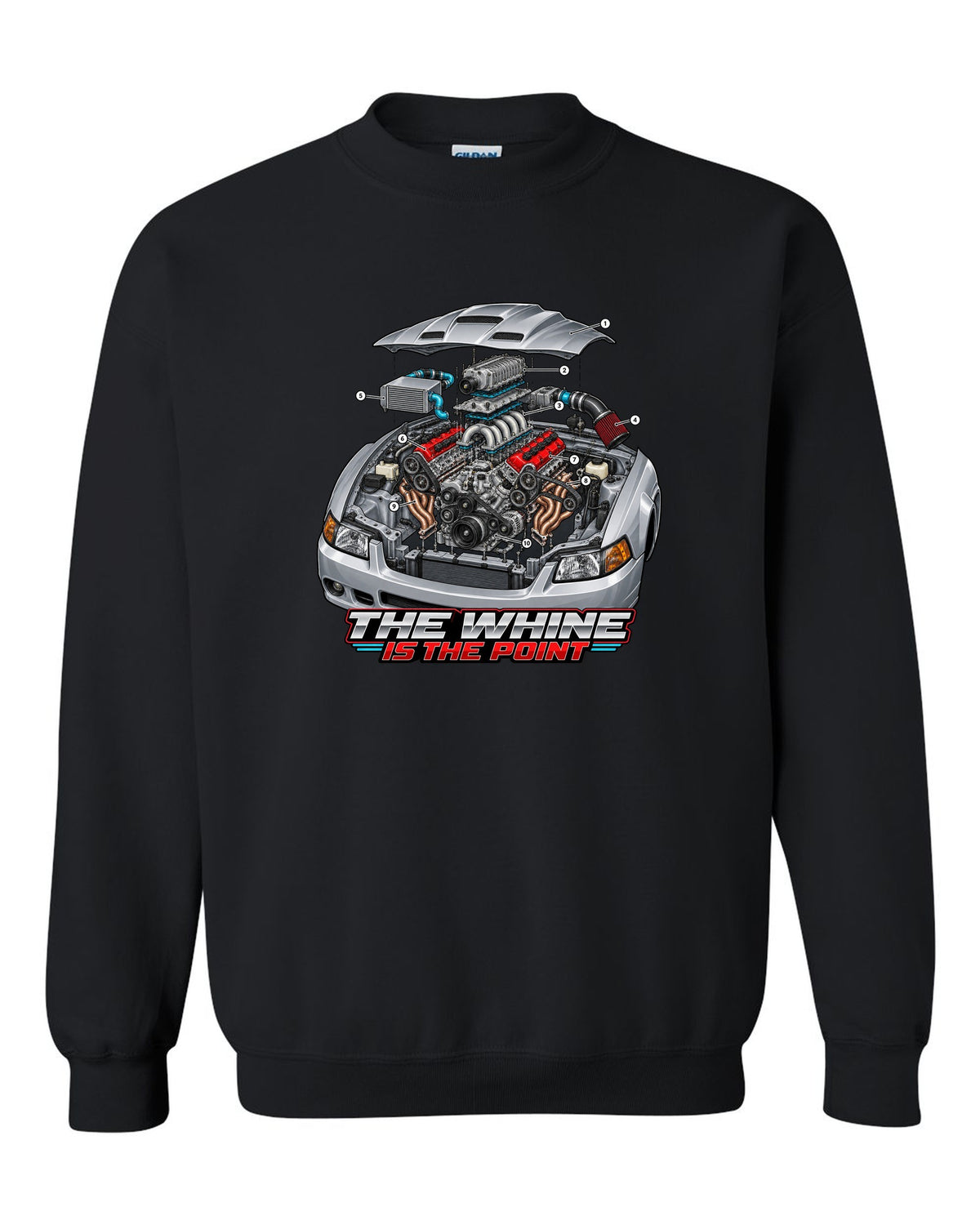 Exploded engine cutaway print of a supercharged Ford Mustang SN95 Terminator-spec black crewneck front view with the design
