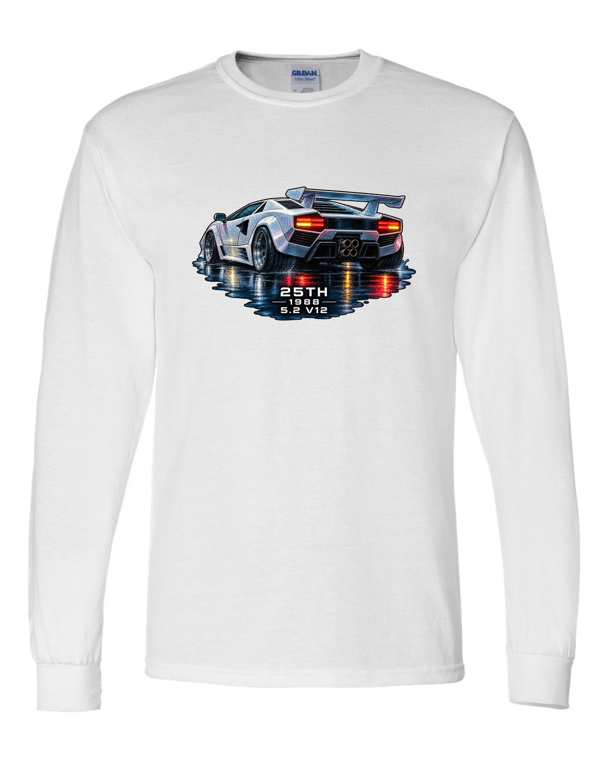 Watercolour wet-road night scene of a Lamborghini Countach 25th Anniversary with 25th 1988 5.2 V12 text white long sleeve front view with the design