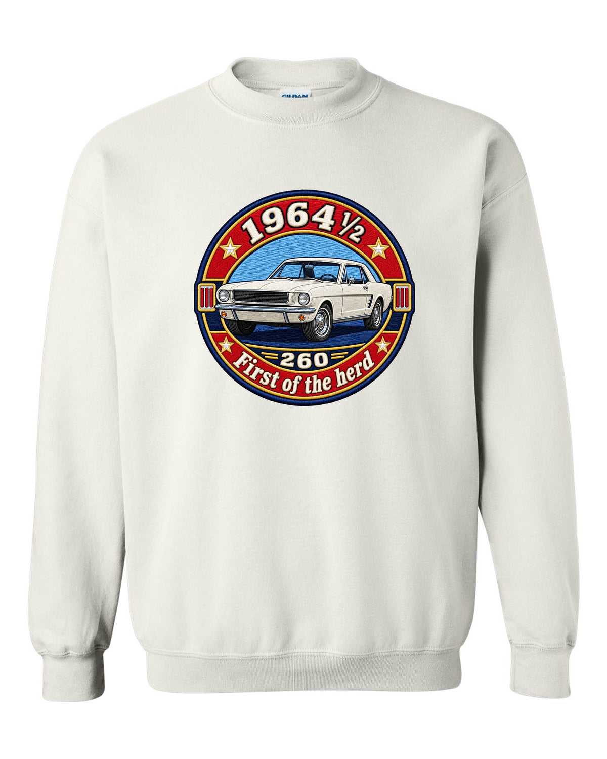 Varsity crest design of a 1964½ Ford Mustang coupe with 260 lettering white crewneck front view with the design