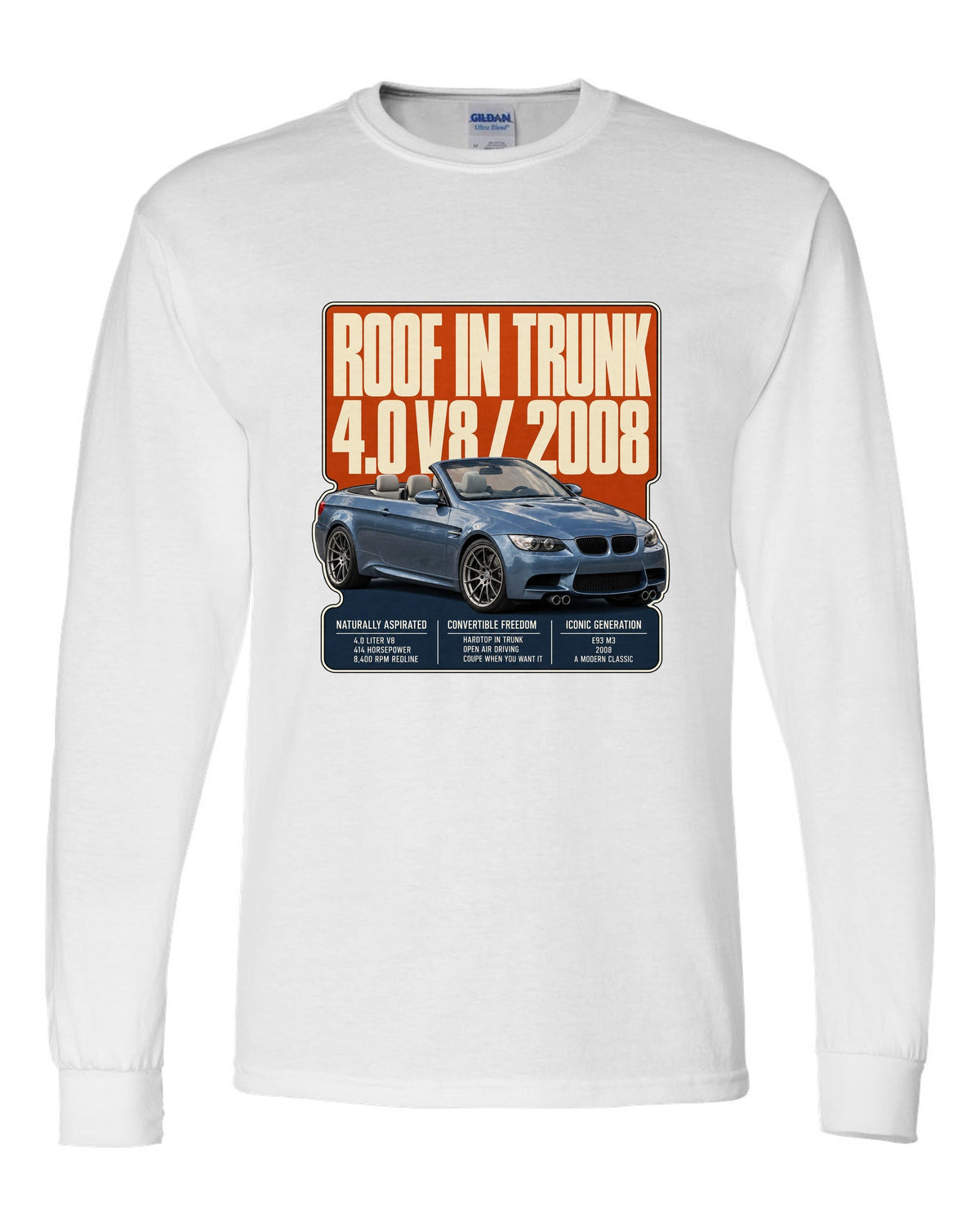 BMW M3 E93 convertible editorial headline print white long sleeve front view with the design