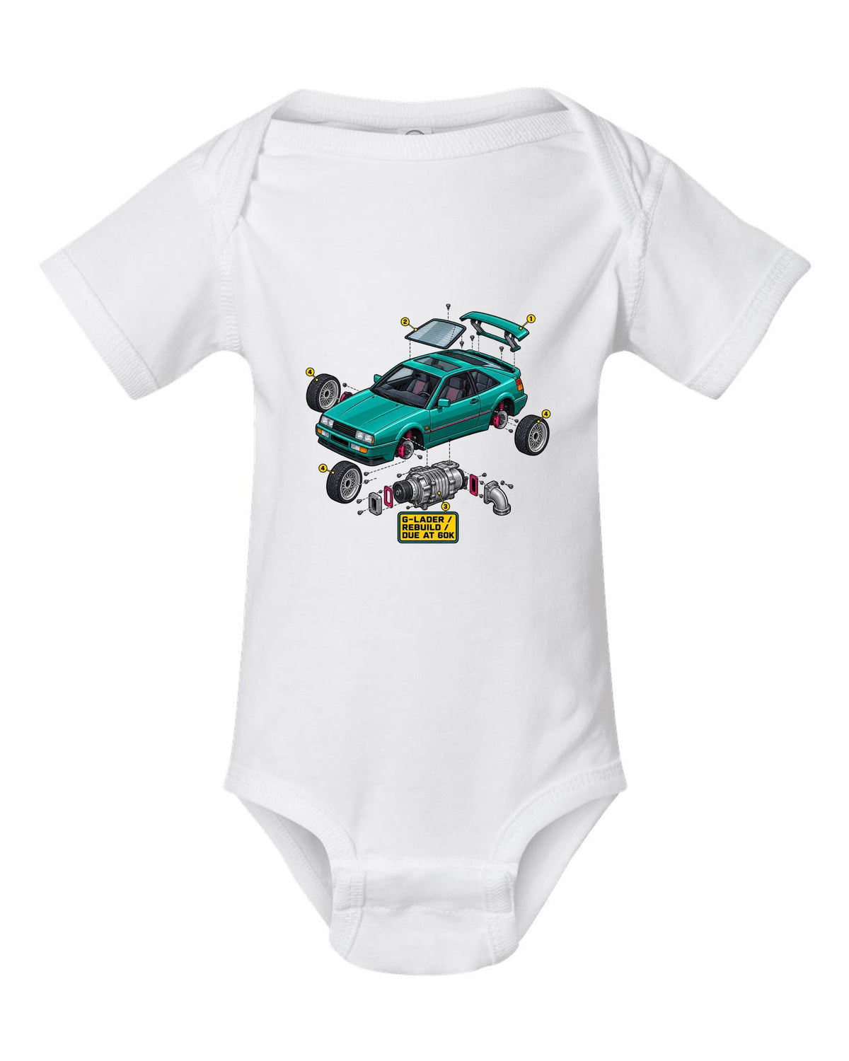 Exploded cutaway engine illustration of a VW Corrado G60 with G-Lader rebuild due at 60K text white baby onesie front view with the design