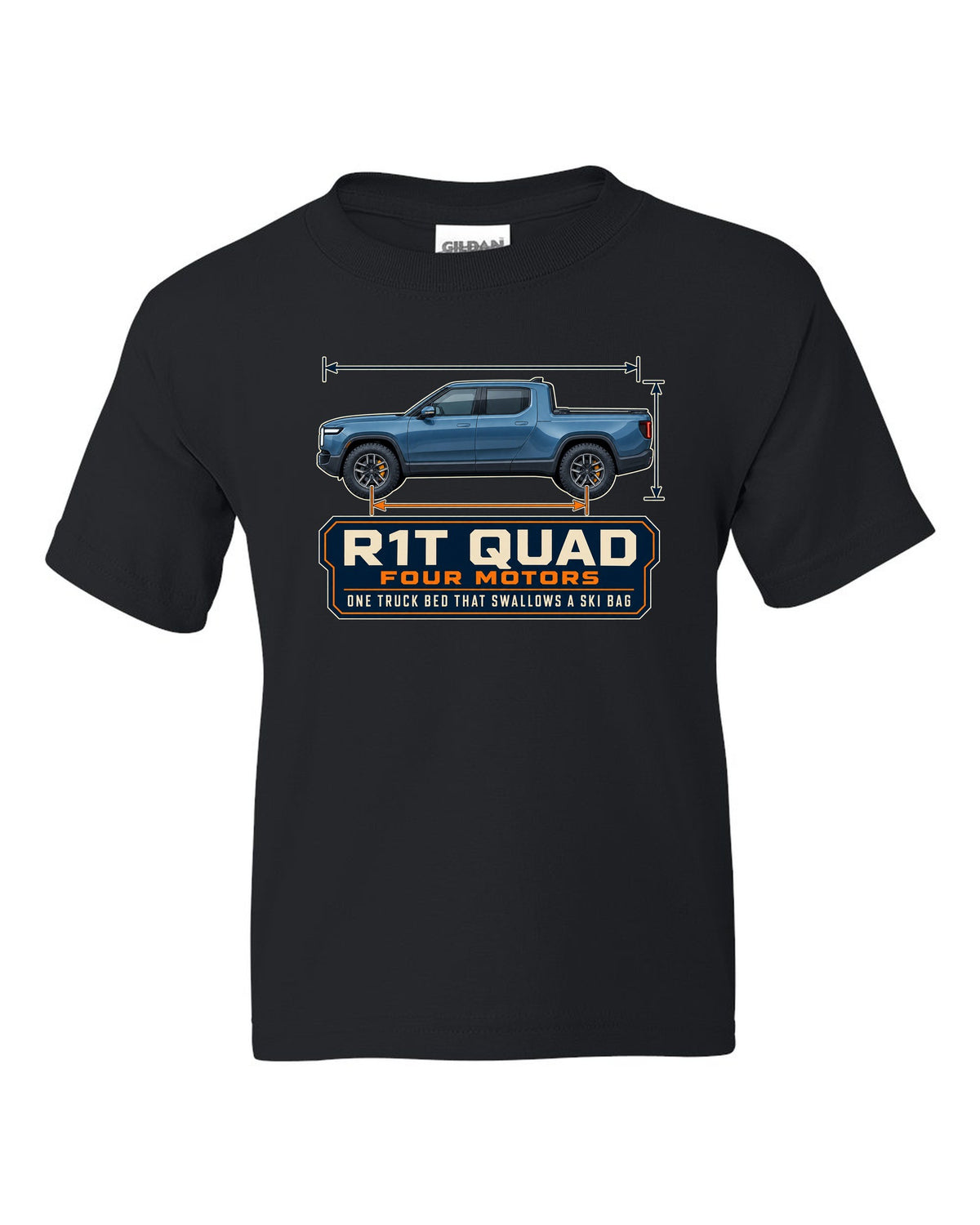 Dimension blueprint print of the Rivian R1T quad-motor electric truck black kids tee front view with the design